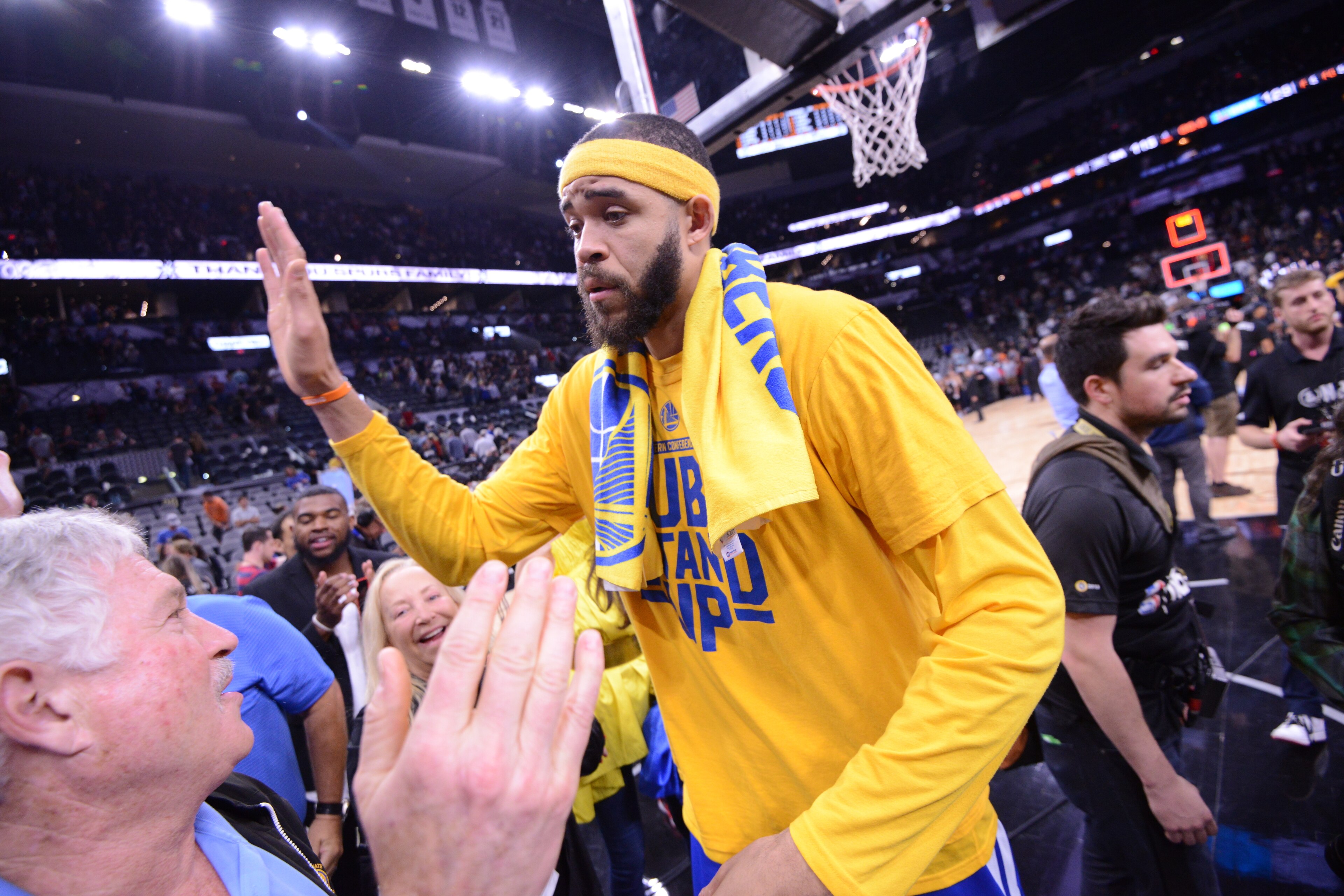 SAN ANTONIO, TX - MAY 22: JaVale McGee #1 of the Golden State Warriors is seen after the game against the San Antonio Spurs during Game Four of the Western Conference Finals of the 2217 NBA Playoffs on May 22, 2217 AT&T Center in San Antonio, Texas. NOTE 