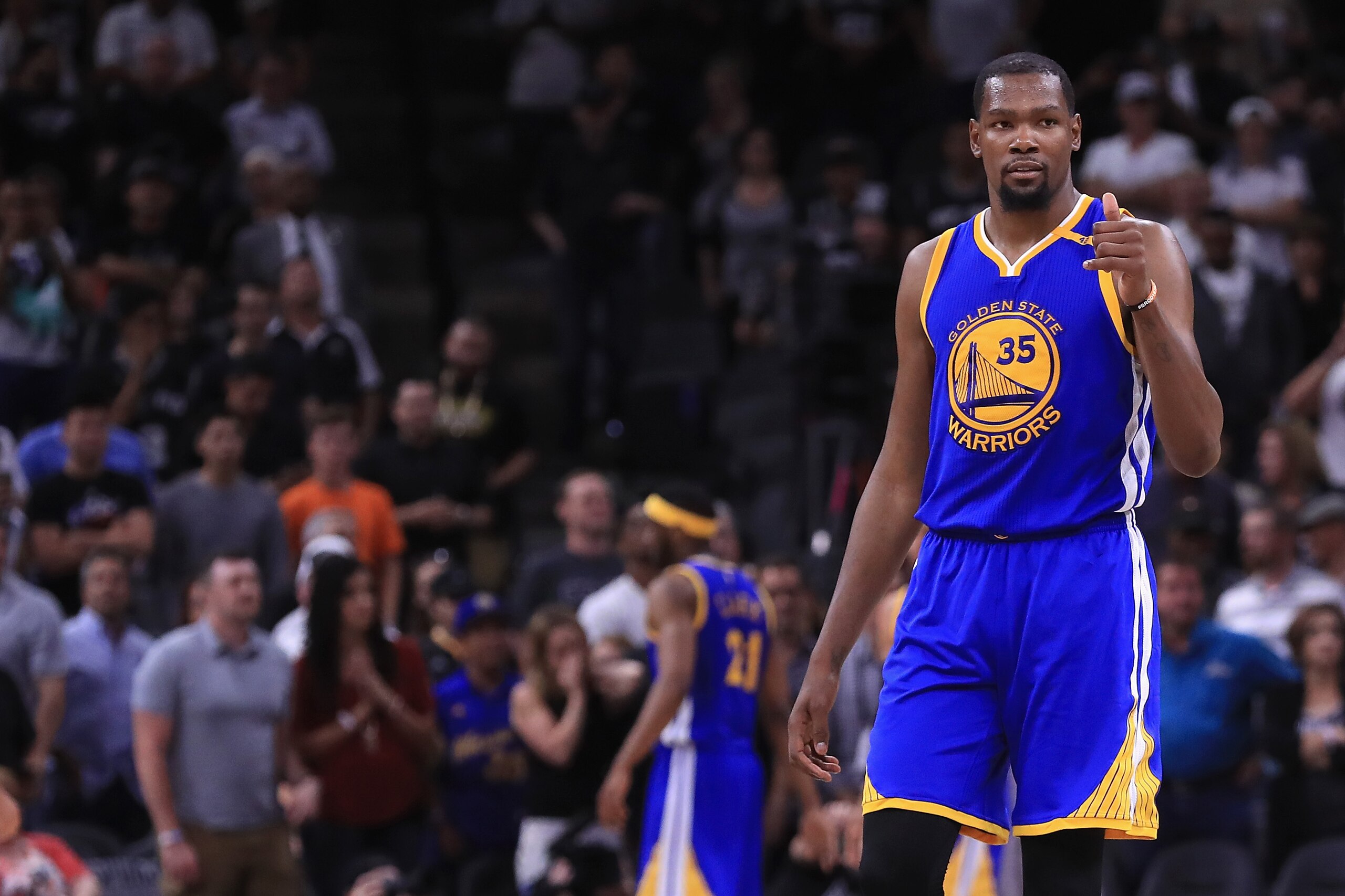 SAN ANTONIO, TX - MAY 22:  Kevin Durant #35 of the Golden State Warriors reacts in the second half against the San Antonio Spurs during Game Four of the 2017 NBA Western Conference Finals at AT&T Center on May 22, 2017 in San Antonio, Texas. NOTE TO USER: