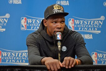 SAN ANTONIO, TX - MAY 22:  Kevin Durant #35 of the Golden State Warriors talks to the media during a press conference after Game Four of the Western Conference Finals against the San Antonio Spurs during the 2017 NBA Playoffs on May 22, 2017 AT&T Center i