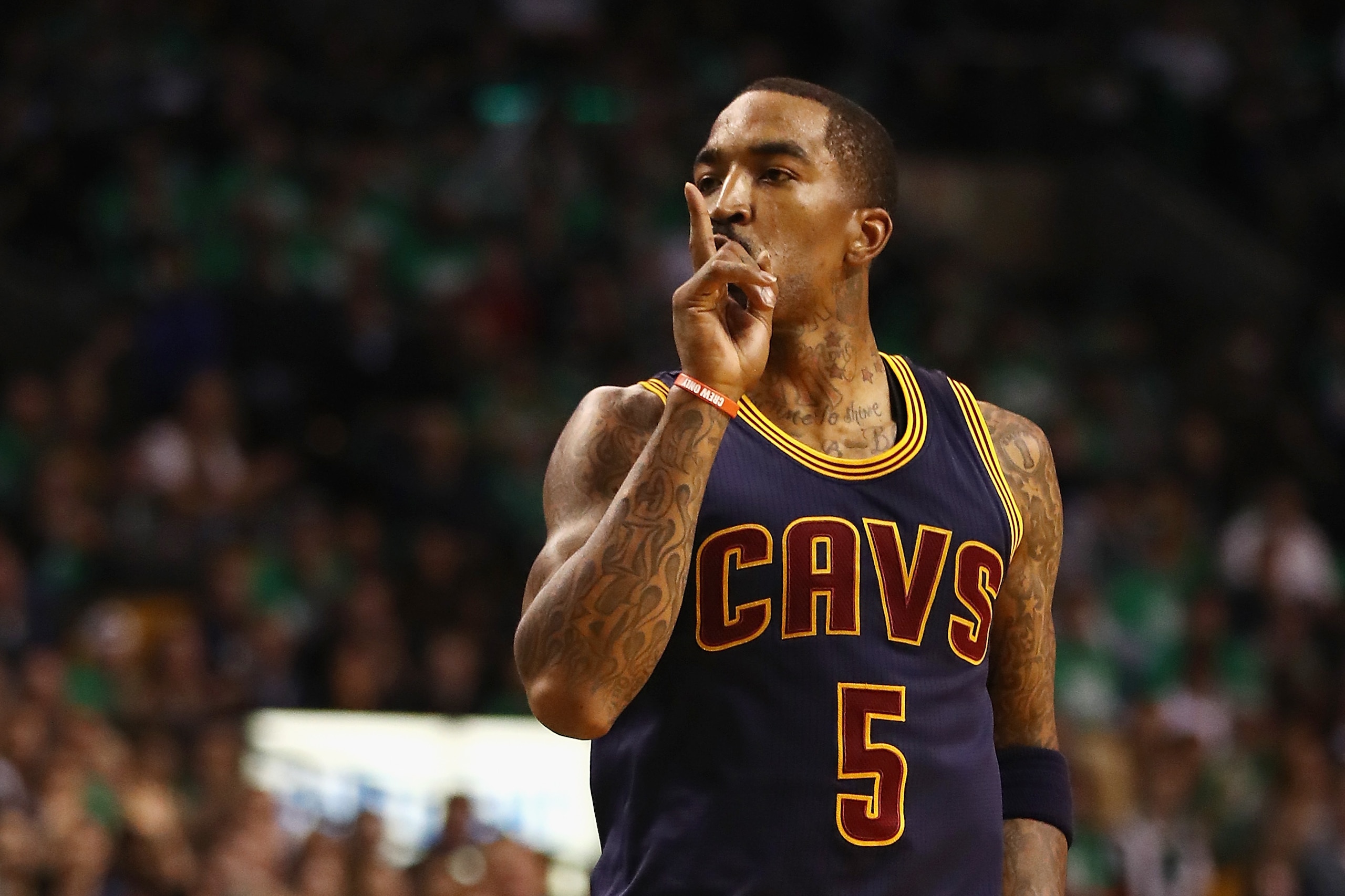 BOSTON, MA - MAY 25:  JR Smith #5 of the Cleveland Cavaliers gestures in the second half against the Boston Celtics during Game Five of the 2017 NBA Eastern Conference Finals at TD Garden on May 25, 2017 in Boston, Massachusetts. NOTE TO USER: User expres