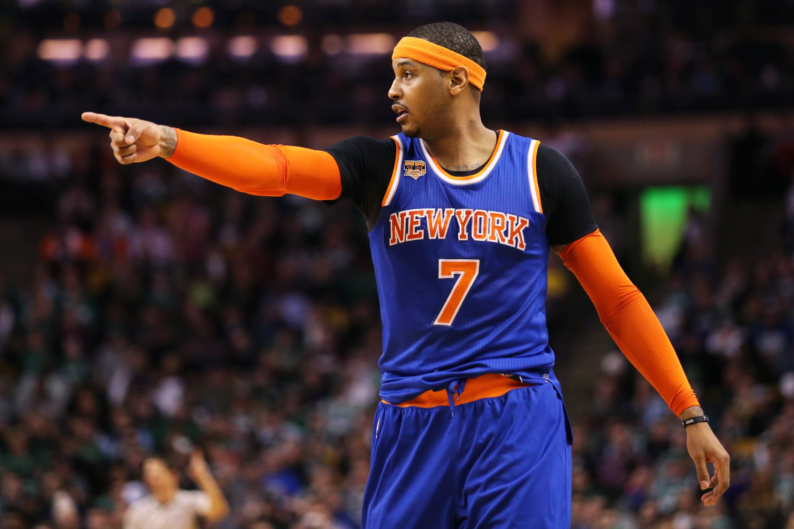 BOSTON, MA - JANUARY 18: Carmelo Anthony #7 of the New York Knicks directs his team during the first half against the Boston Celtics at TD Garden on January 18, 2017 in Boston, Massachusetts. NOTE TO USER: User expressly acknowledges and agrees that, by d