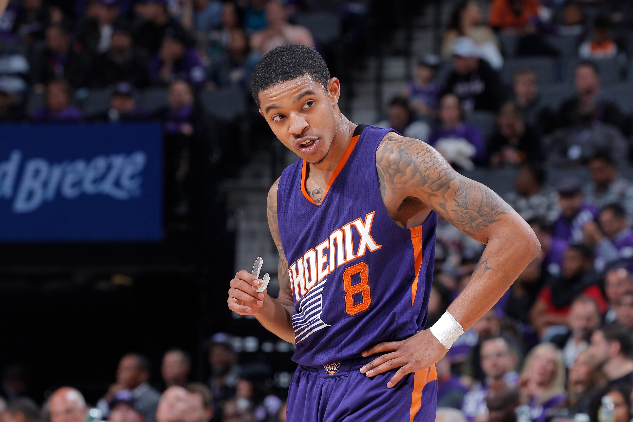 SACRAMENTO, CA - APRIL 11: Tyler Ulis #8 of the Phoenix Suns looks on during the game against the Sacramento Kings on April 11, 2017 at Golden 1 Center in Sacramento, California. NOTE TO USER: User expressly acknowledges and agrees that, by downloading an