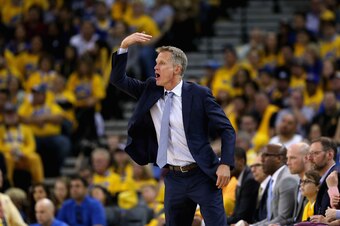 OAKLAND, CA - APRIL 19:  Head coach Steve Kerr of the Golden State Warriors motions to his team during their game against the Portland Trail Blazers in Game Two of the Western Conference Quarterfinals during the 2017 NBA Playoffs at ORACLE Arena on April 