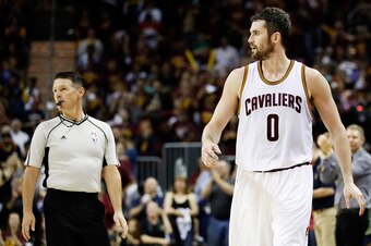 CLEVELAND, OH - MAY 23:  Kevin Love #0 of the Cleveland Cavaliers reacts in the second half against the Boston Celtics during Game Four of the 2017 NBA Eastern Conference Finals at Quicken Loans Arena on May 23, 2017 in Cleveland, Ohio. NOTE TO USER: User