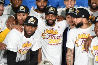 BOSTON, MA - MAY 25:  The Cleveland Cavaliers poses for a photo after defeating the Boston Celtics in Game Five of the Eastern Conference Finals of the 2017 NBA Playoffs on May 25, 2017 at the TD Garden in Boston, Massachusetts. NOTE TO USER: User express