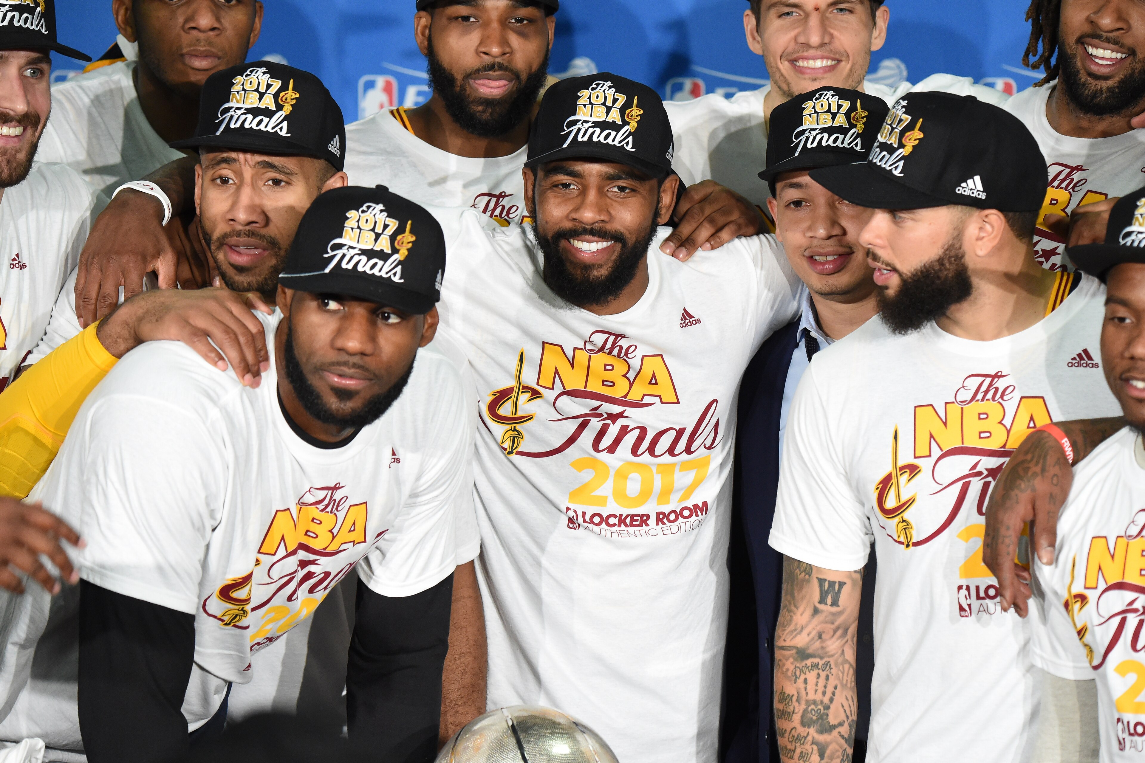 BOSTON, MA - MAY 25:  The Cleveland Cavaliers poses for a photo after defeating the Boston Celtics in Game Five of the Eastern Conference Finals of the 2017 NBA Playoffs on May 25, 2017 at the TD Garden in Boston, Massachusetts. NOTE TO USER: User express