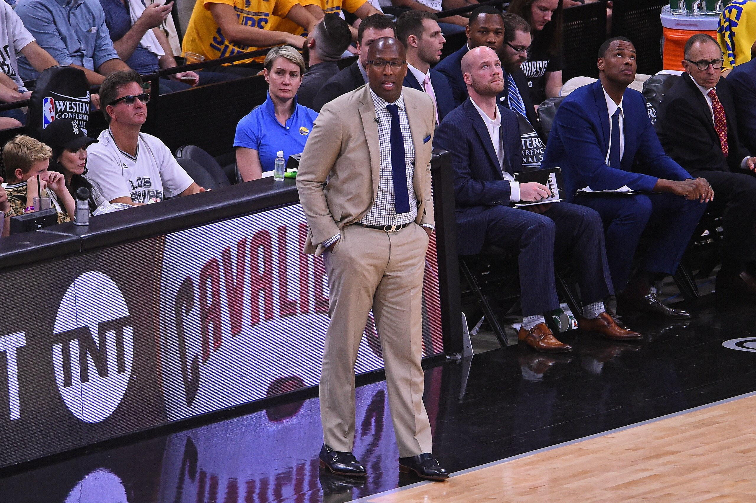 SAN ANTONIO, TX - MAY 20:  Mike Brown of the Golden State Warriors coachs in Game Three of the Western Conference Finals against the San Antonio Spurs during the 2017 NBA Playoffs on May 20, 2017 at the AT&T Center in San Antonio, Texas. NOTE TO USER: Use