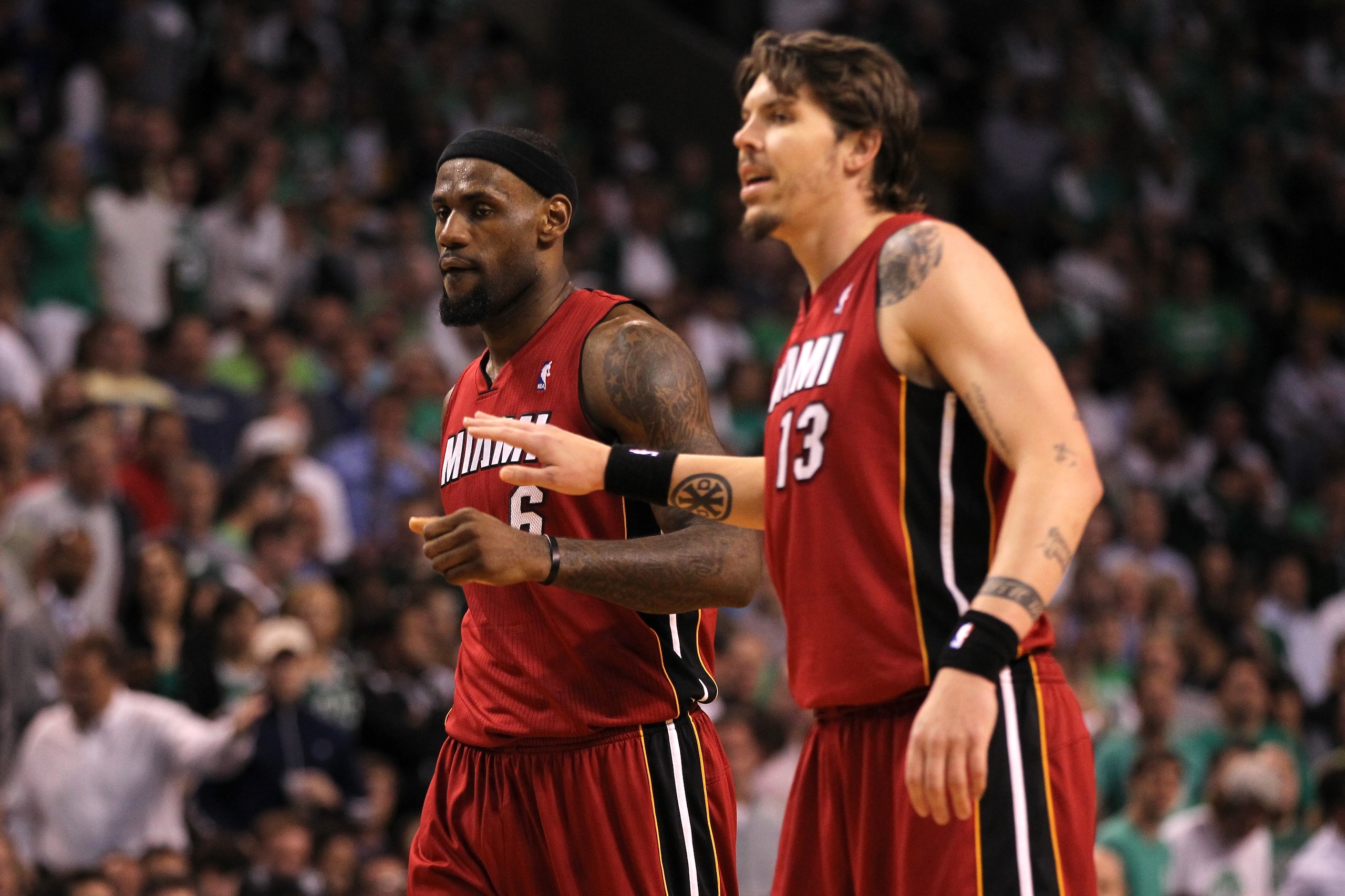 BOSTON, MA - JUNE 07:  (L-R) LeBron James #6 and Mike Miller #13 of the Miami Heat react against the Boston Celtics in Game Six of the Eastern Conference Finals in the 2012 NBA Playoffs on June 7, 2012 at TD Garden in Boston, Massachusetts. NOTE TO USER: 