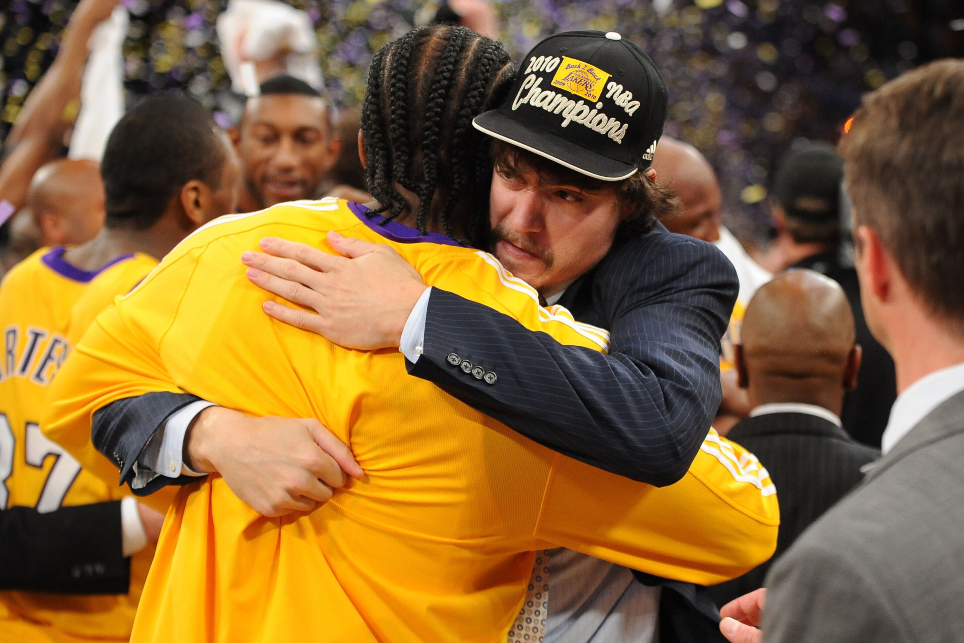 LOS ANGELES - JUNE 17:  Adam Morrison #6 and Josh Powell #21 of the Los Angeles Lakers celebrate their team's victory over the Boston Celtics in Game Seven of the 2010 NBA Finals on June 17, 2010 at Staples Center in Los Angeles, California.  NOTE TO USER