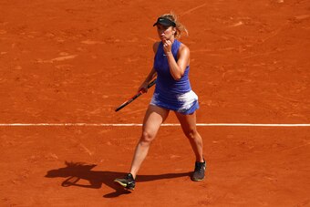 PARIS, FRANCE - MAY 30:  Elina Svitolina of Ukraine celebrates during the ladies singles first round match against Yaroslava Shvedova of Kazakhstan on day three of the 2017 French Open at Roland Garros on May 30, 2017 in Paris, France.  (Photo by Adam Pre