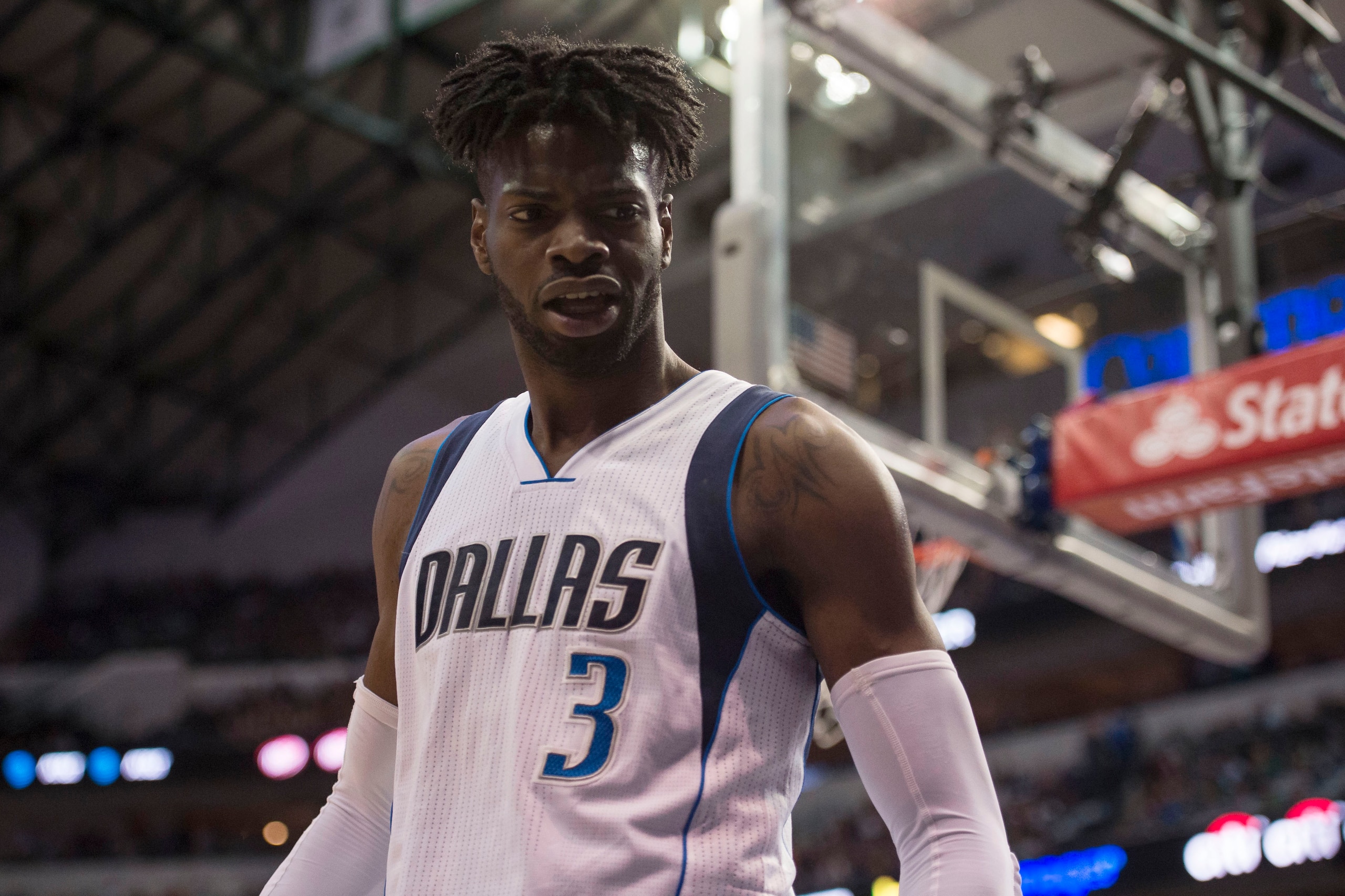Apr 11, 2017; Dallas, TX, USA; Dallas Mavericks forward Nerlens Noel (3) celebrates dunking the ball against the Denver Nuggets at the American Airlines Center. Mandatory Credit: Jerome Miron-USA TODAY Sports