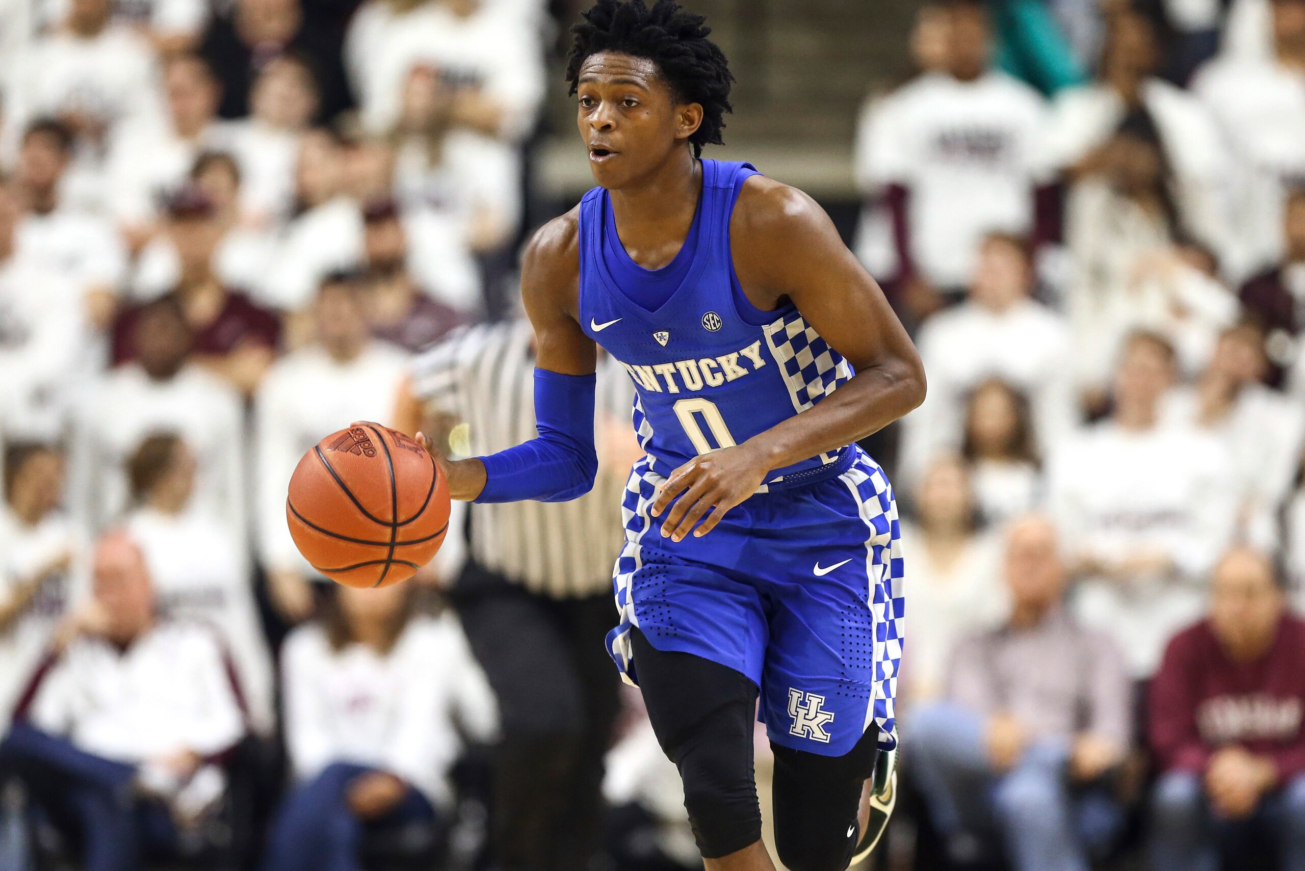 Mar 4, 2017; College Station, TX, USA; Kentucky Wildcats guard De'Aaron Fox (0) brings the ball up the court during the second half against the Texas A&M Aggies at Reed Arena. Mandatory Credit: Troy Taormina-USA TODAY Sports