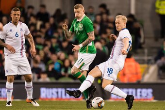 (L-R) Ragnar Sigurdsson of Iceland, James McClean of Ireland, Hordur Bjorgvin Magnusson of Icelandduring the friendly match between Ireland and Iceland on March 28, 2017 at the Aviva stadium in Dublin, Ireland.(Photo by VI Images via Getty Images)