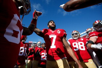 SANTA CLARA, CA - JANUARY 1: Colin Kaepernick #7 of the San Francisco 49ers fires the team up on the field prior to the game against the Seattle Seahawks at Levi Stadium on January 1, 2017 in Santa Clara, California. The Seahawks defeated the 49ers 25-23.