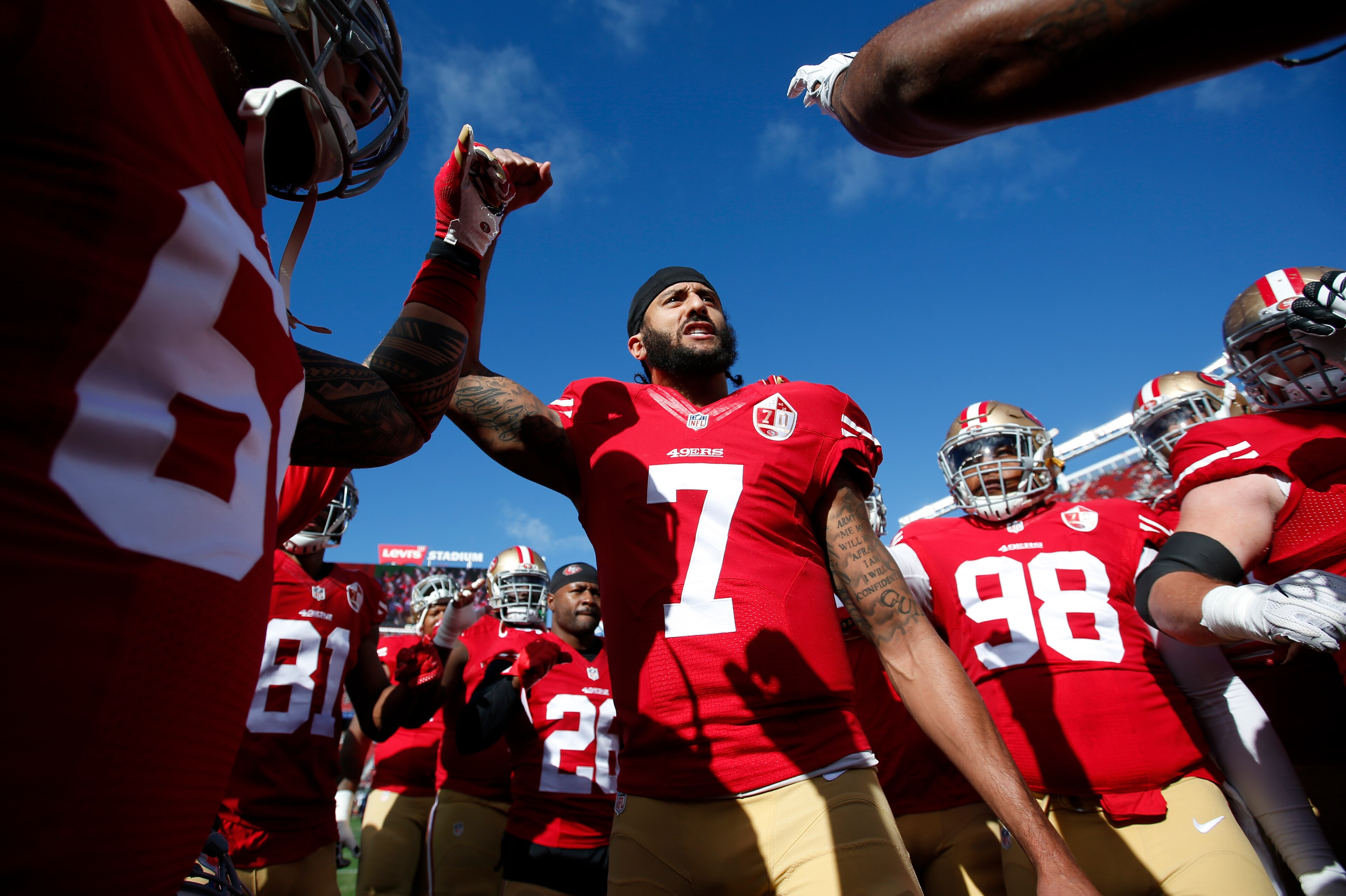 SANTA CLARA, CA - JANUARY 1: Colin Kaepernick #7 of the San Francisco 49ers fires the team up on the field prior to the game against the Seattle Seahawks at Levi Stadium on January 1, 2017 in Santa Clara, California. The Seahawks defeated the 49ers 25-23.