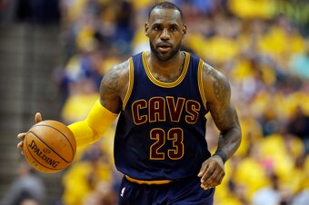 Apr 20, 2017; Indianapolis, IN, USA; Cleveland Cavaliers forward LeBron James (23) brings the ball up court against the Indiana Pacers in game three of the first round of the 2017 NBA Playoffs at Bankers Life Fieldhouse. Cleveland defeats Indiana 119-114.