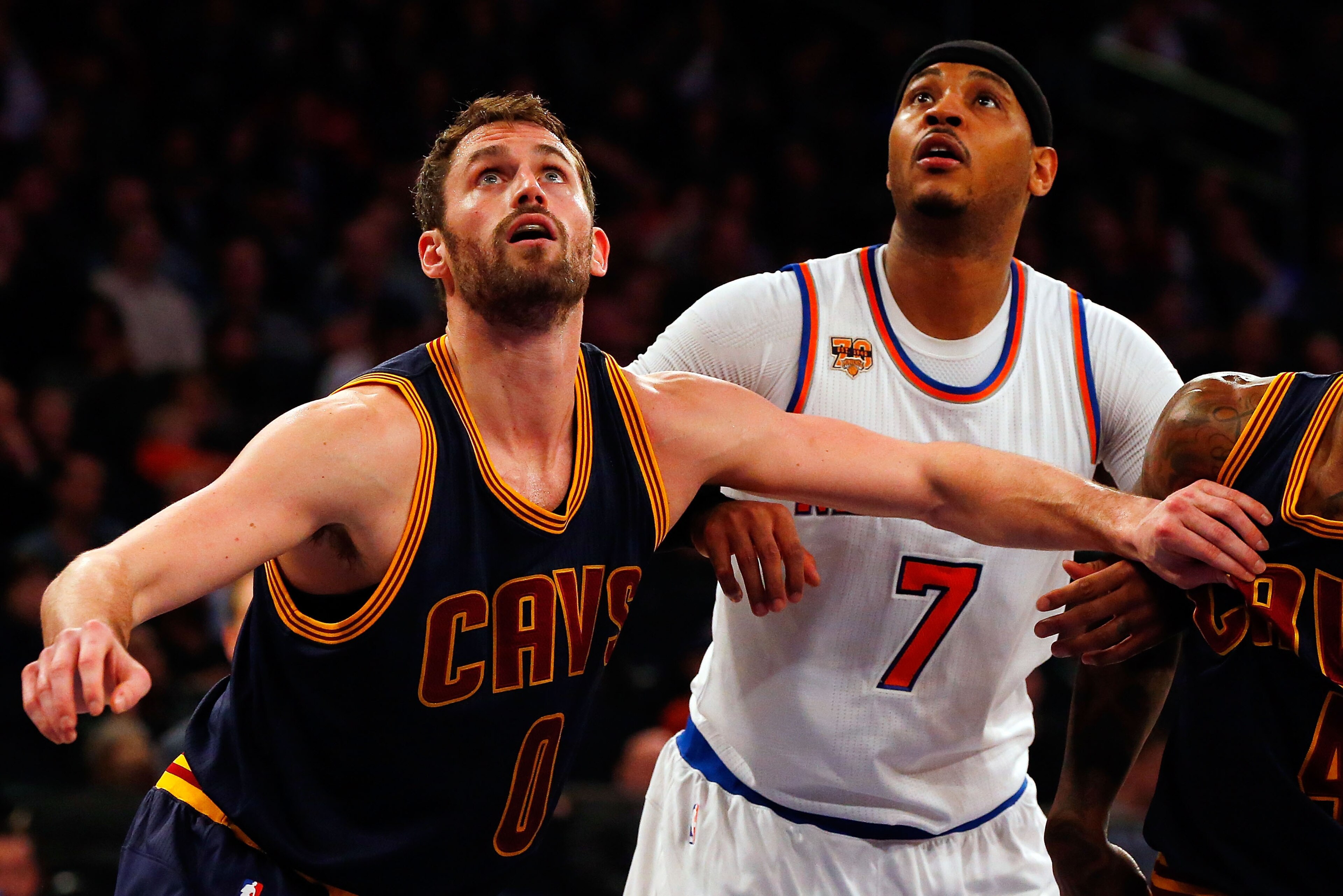 NEW YORK, NY - FEBRUARY 04:  (NEW YORK DAILIES OUT)    Kevin Love #0 of the Cleveland Cavaliers in action against Carmelo Anthony #7 of the New York Knicks at Madison Square Garden on February 4, 2017 in New York City. The Cavaliers defeated the Knicks 11