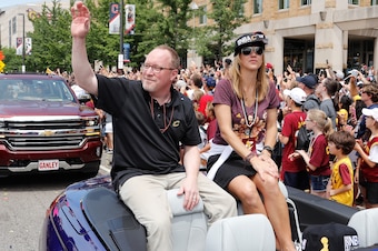 CLEVELAND, OH - JUNE 22:  Cleveland Cavaliers General Manager David Griffin waves at fans during the Cleveland Cavaliers Victory Parade And Rally on June 22, 2016 in downtown Cleveland, Ohio.  NOTE TO USER: User expressly acknowledges and agrees that, by 