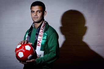 Palestinian footballer Mahmud Sarsak poses on March 26, 2013 in Paris, where he begins today a campaign for the cancelation of the under 21 Euro football championships to be held next June in Israel. Sarsak was arrested in July 2009 while on his way from 