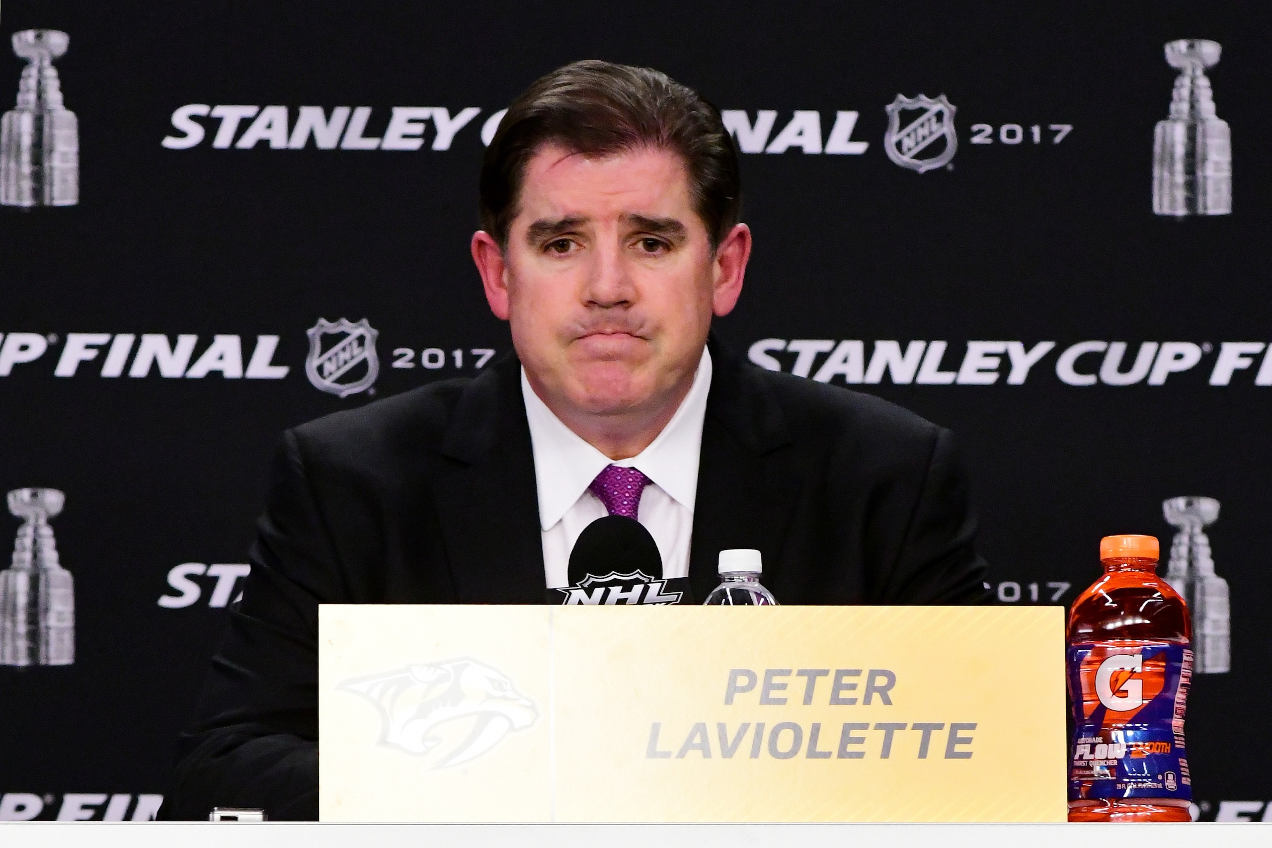 PITTSBURGH, PA - MAY 29:  Head coach Peter Laviolette of the Nashville Predators speaks to the media after their 3-5 loss to the Pittsburgh Penguins in Game One of the 2017 NHL Stanley Cup Final at PPG Paints Arena on May 29, 2017 in Pittsburgh, Pennsylva