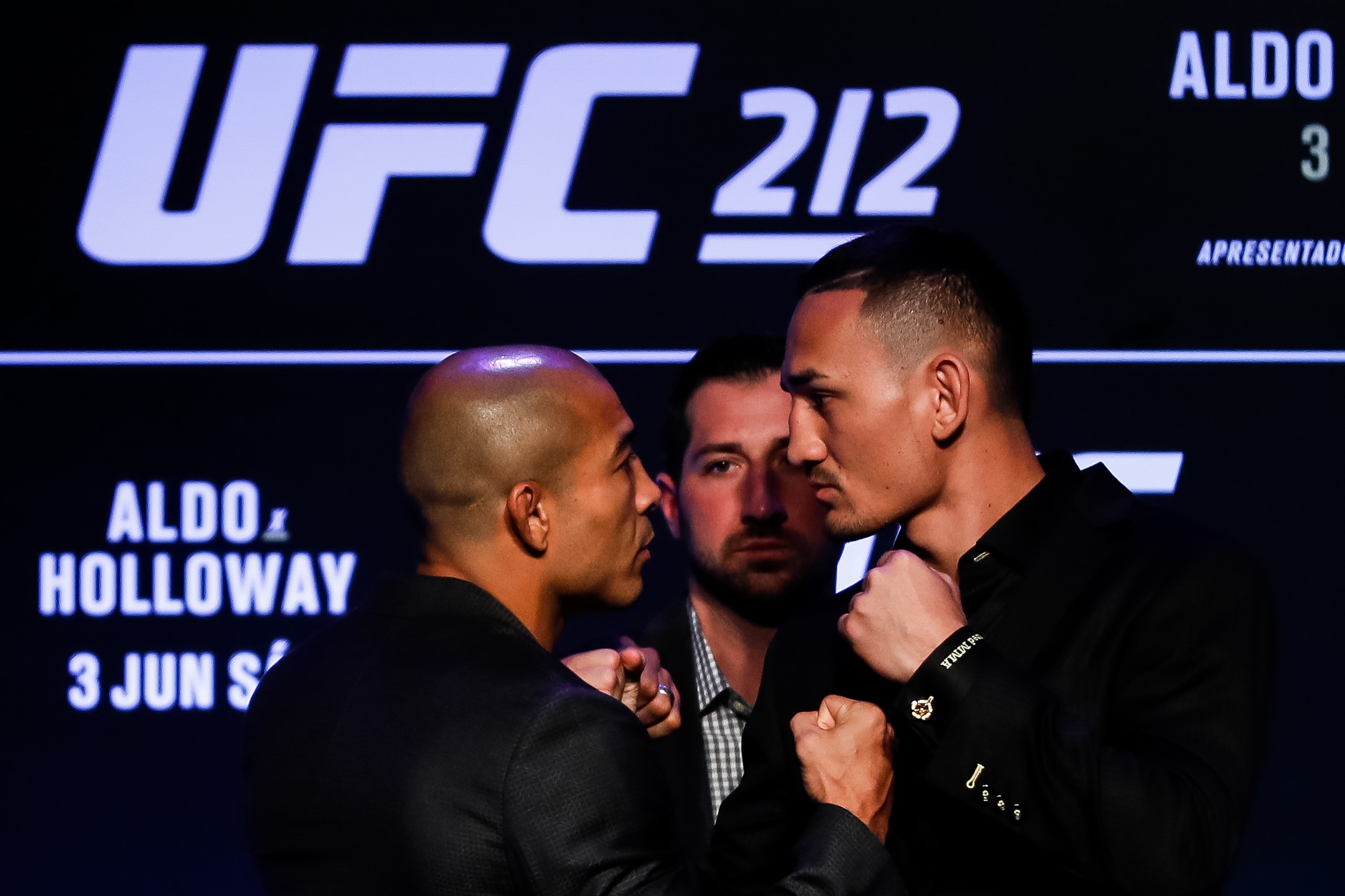 RIO DE JANEIRO, BRAZIL - APRIL 11: UFC Featherweight Champion Jose Aldo of Brazil (L) and challenger Max Holloway of the United States face off  during the UFC 212 press conference at Morro da Urca on April 11, 2017 in Rio de Janeiro, Brazil. (Photo by Bu