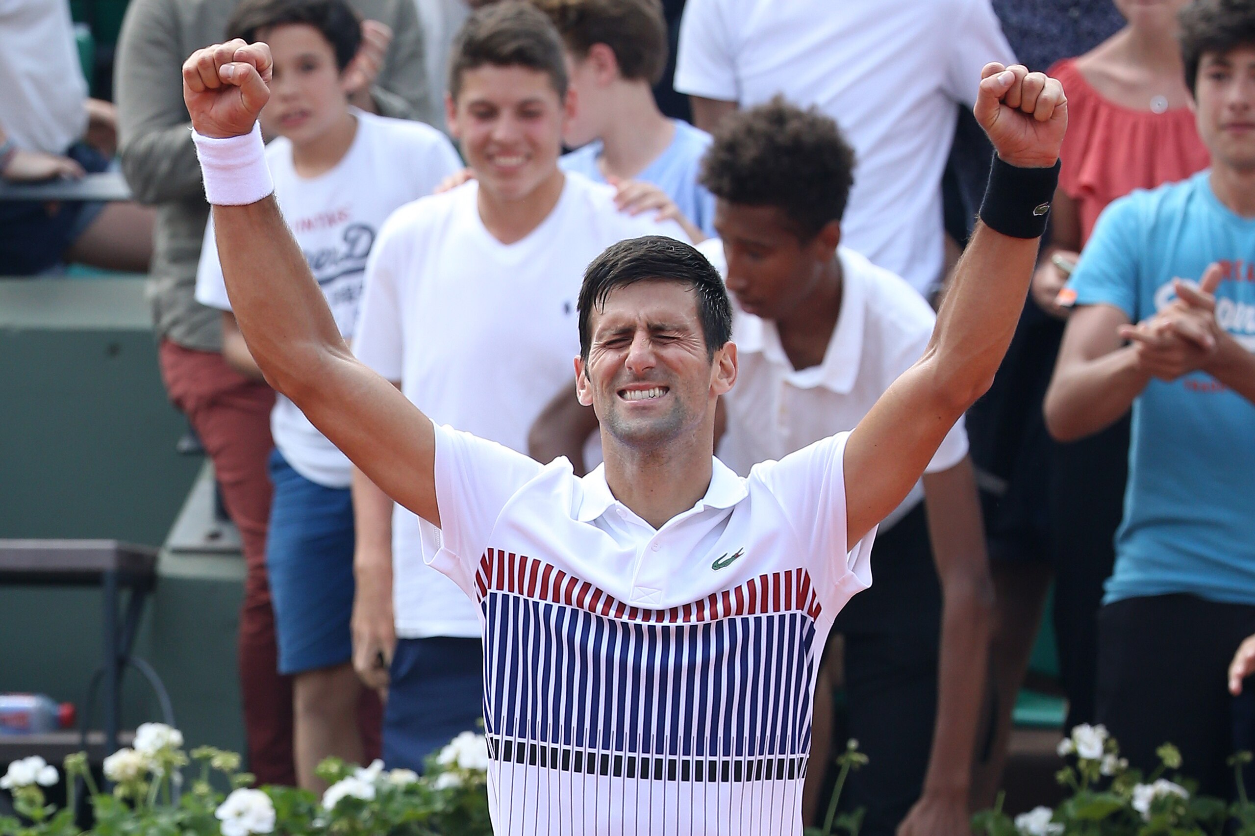 PARIS, FRANCE - MAY 31: Novak Djokovic of Serbia celebrates winning his second round match on day 4 of the 2017 French Open, second Grand Slam of the season at Roland Garros stadium on May 31, 2017 in Paris, France. (Photo by Jean Catuffe/Getty Images)