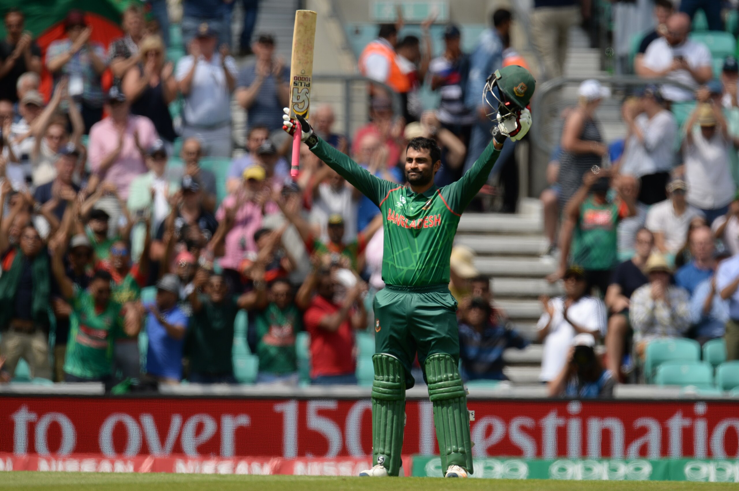 LONDON, ENGLAND - JUNE 1 : Tamim Iqbal of Bangladesh reaches his century during the ICC Champions Trophy match between England and Bangladesh at the Kia Oval cricket ground on June 1, 2017 in London, England. (Photo by Philip Brown/Getty Images)