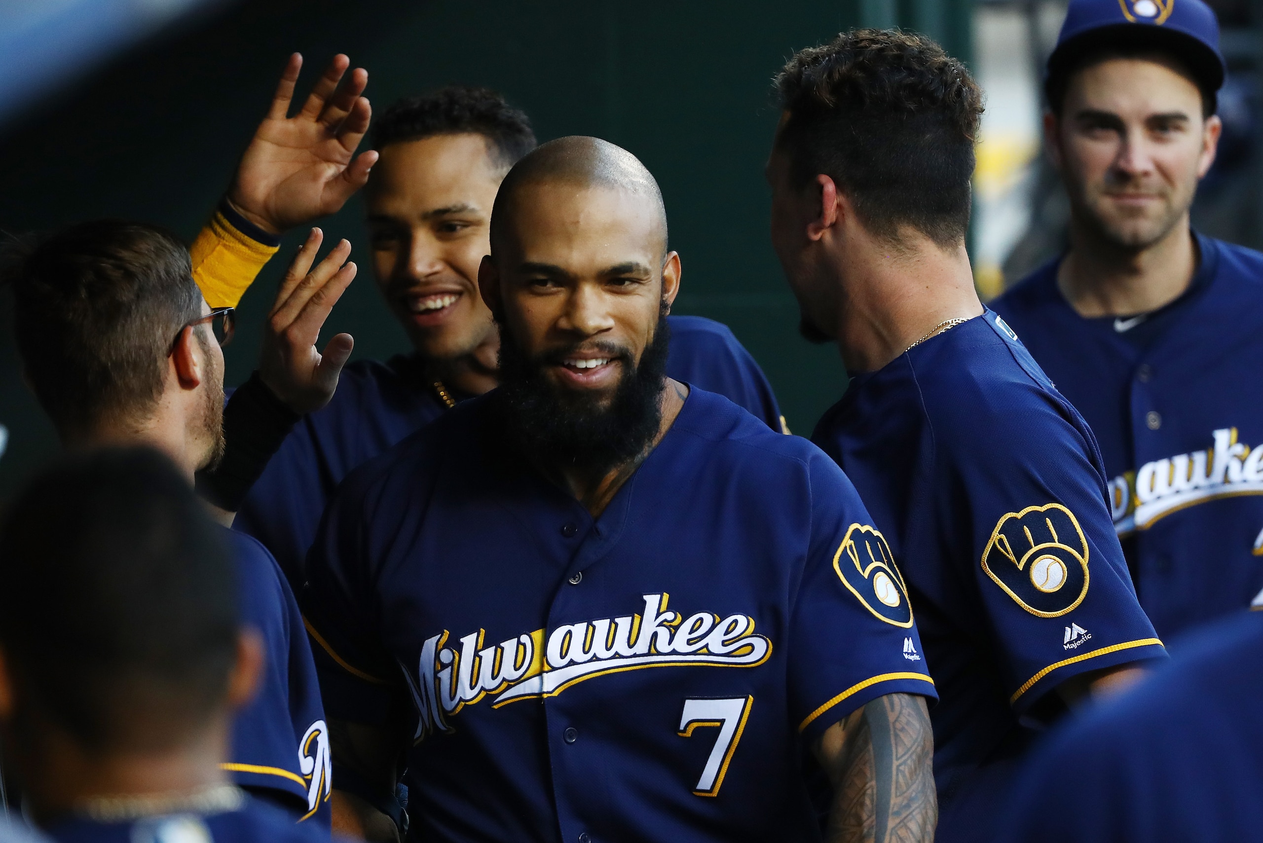 NEW YORK, NY - MAY 31:  Eric Thames #7 of the Milwaukee Brewers celebrates with teamates after hitting a two run home run against Jacob deGrom #48 of the New York Mets in the first inning during their game at Citi Field on May 31, 2017 in New York City.  