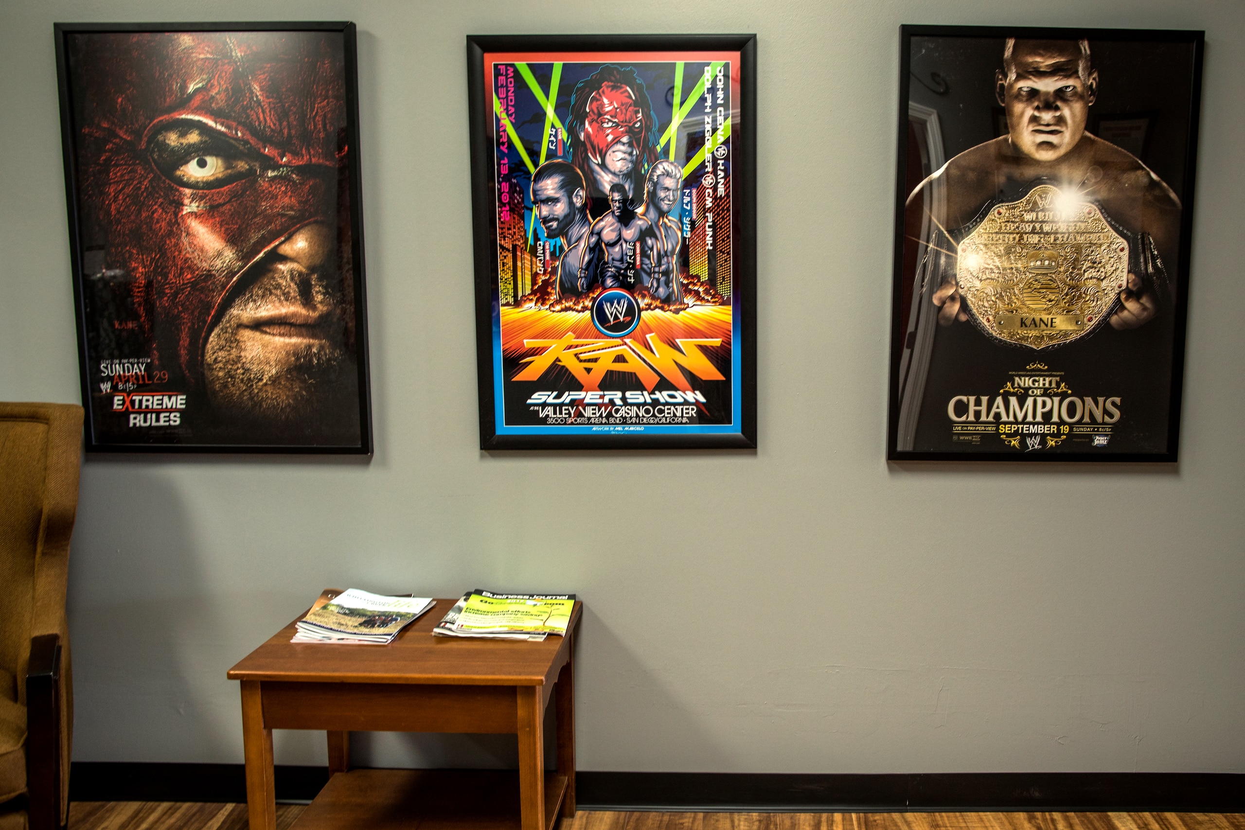 Kane posters from Jacobs' days as a wrestler line the walls of Jacobs Insurance Associates LLC in Knoxville, Tennessee. Kane posters from Jacobs' days as a wrestler line the walls of Jacobs Insurance Associates LLC in Knoxville, Tennessee.