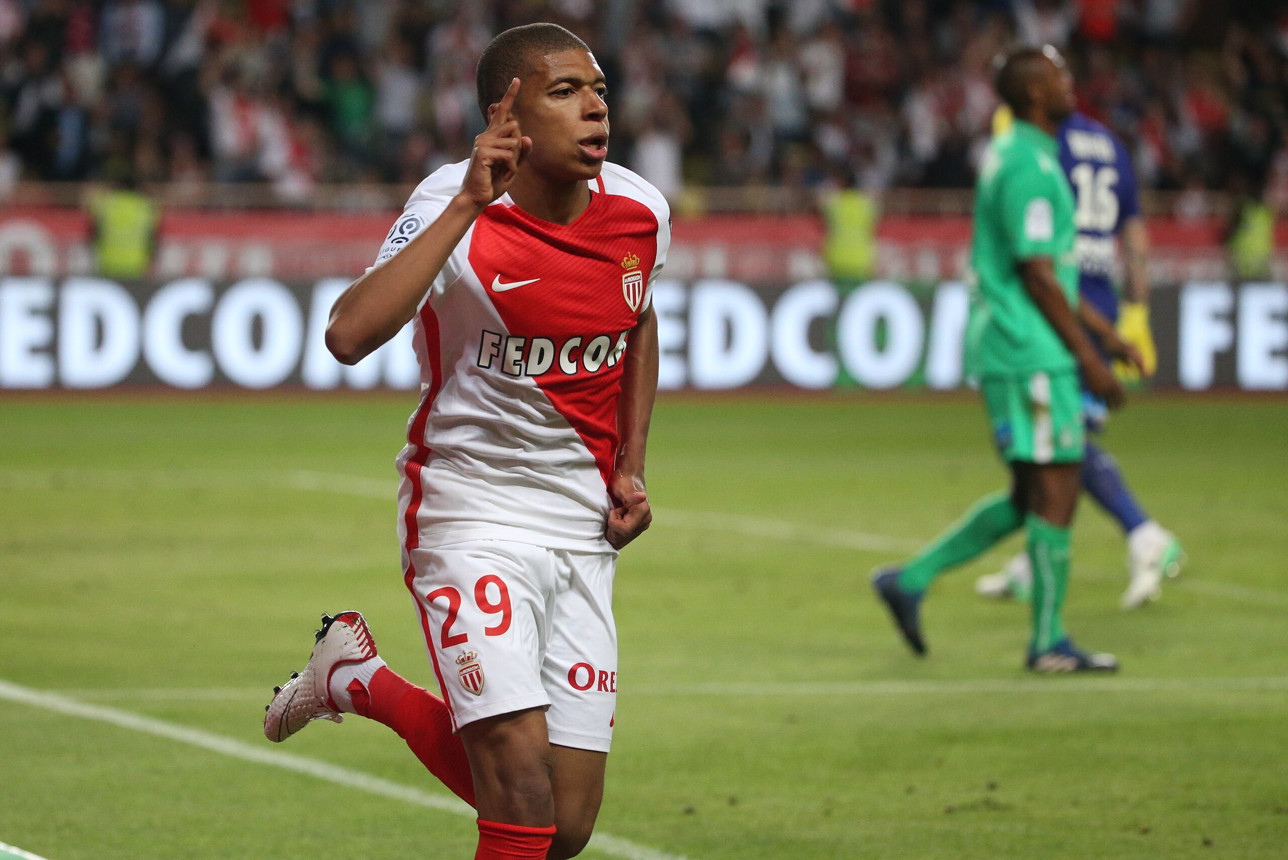 MONACO, MONACO - MAY 17: Kylian Mbappe of Monaco celebrates his goal during the French Ligue 1 match between AS Monaco and AS Saint-Etienne (ASSE) at Stade Louis II on May 17, 2017 in Monaco, Monaco. (Photo by Jean Catuffe/Getty Images)