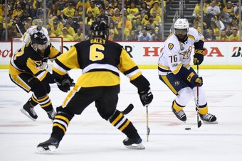 PITTSBURGH, PA - MAY 29: P.K. Subban #76 of the Nashville Predators is defended by Trevor Daley #6 of the Pittsburgh Penguins in Game One of the 2017 NHL Stanley Cup Final at PPG Paints Arena on May 29, 2017 in Pittsburgh, Pennsylvania.  (Photo by Bruce B
