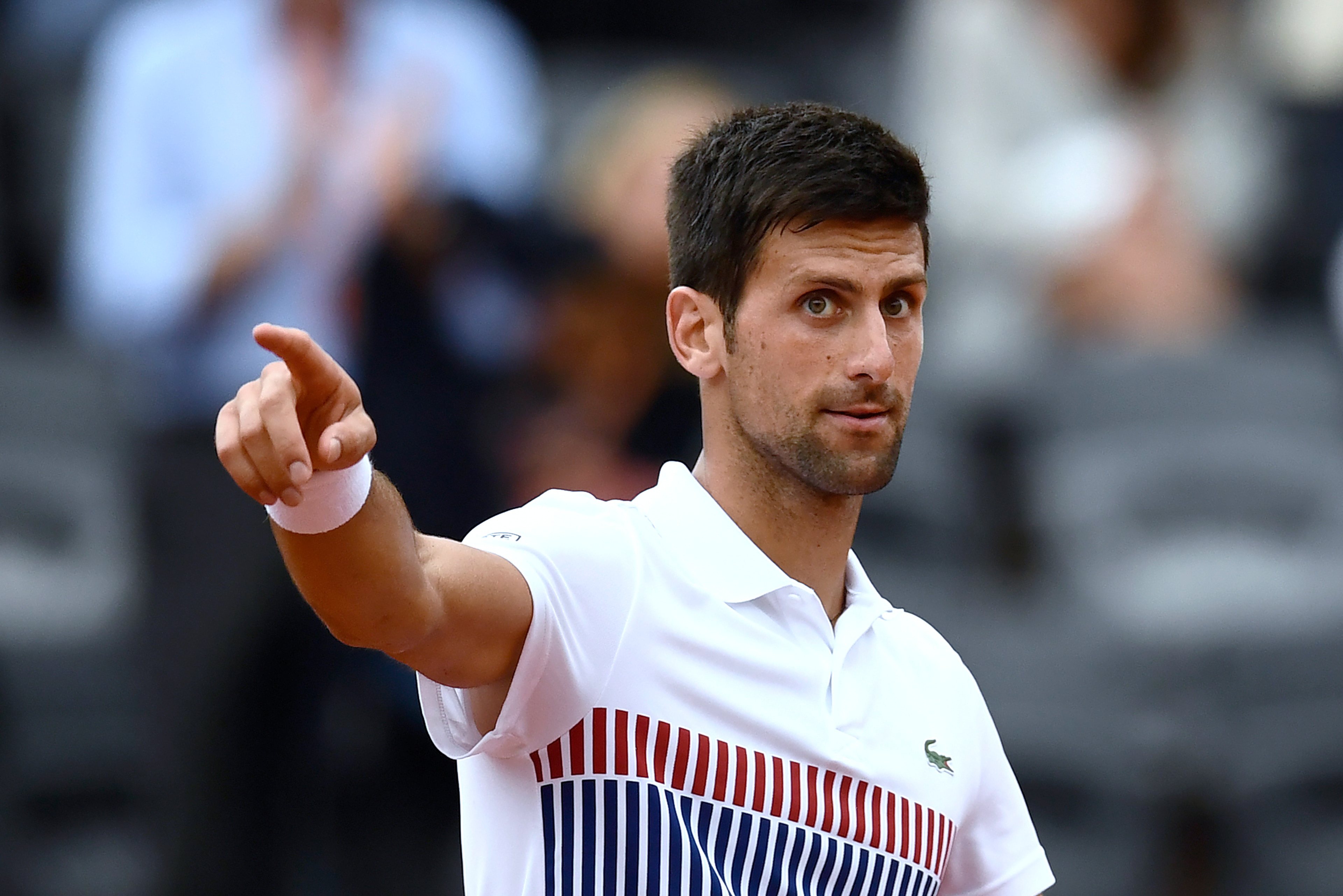 Serbia's Novak Djokovic celebrates after a point against Argentina's Diego Schwartzman during their tennis match at the Roland Garros 2017 French Open on June 2, 2017 in Paris.  / AFP PHOTO / CHRISTOPHE SIMON        (Photo credit should read CHRISTOPHE SI