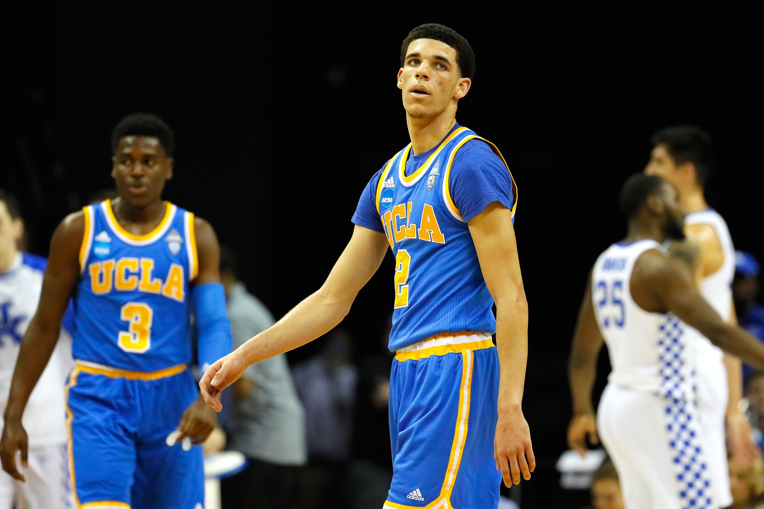 MEMPHIS, TN - MARCH 24: Lonzo Ball #2 of the UCLA Bruins reacts in the first half against the Kentucky Wildcats during the 2017 NCAA Men's Basketball Tournament South Regional at FedExForum on March 24, 2017 in Memphis, Tennessee. (Photo by Kevin C. Cox MEMPHIS, TN - MARCH 24: Lonzo Ball #2 of the UCLA Bruins reacts in the first half against the Kentucky Wildcats during the 2017 NCAA Men's Basketball Tournament South Regional at FedExForum on March 24, 2017 in Memphis, Tennessee. (Photo by Kevin C. Cox