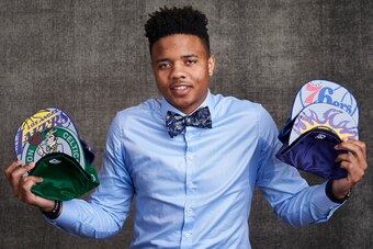 NEW YORK, NEW YORK - MAY 16: Draft prospect Markelle Fultz poses poses with draft caps for portraits prior to the 2017 NBA Draft Lottery at the NBA Headquarters in New York, New York. NOTE TO USER: User expressly acknowledges and agrees that, by downloadi