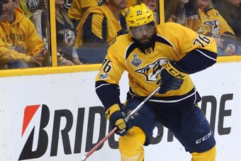NASHVILLE, TN - JUNE 03: P.K. Subban #76 of the Nashville Predators carries the puck against the Pittsburgh Penguins during the third period in Game Three of the 2017 NHL Stanley Cup Final at the Bridgestone Arena on June 3, 2017 in Nashville, Tennessee. 