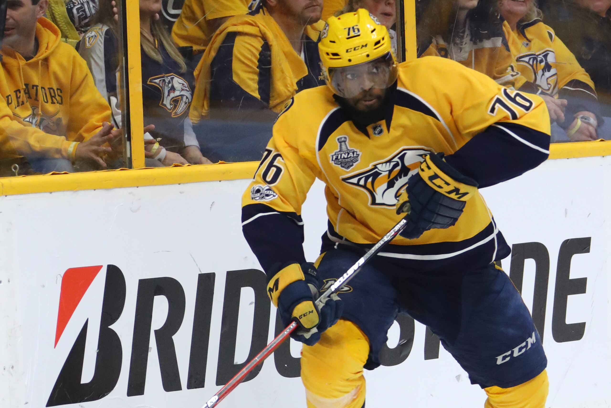 NASHVILLE, TN - JUNE 03: P.K. Subban #76 of the Nashville Predators carries the puck against the Pittsburgh Penguins during the third period in Game Three of the 2017 NHL Stanley Cup Final at the Bridgestone Arena on June 3, 2017 in Nashville, Tennessee. NASHVILLE, TN - JUNE 03: P.K. Subban #76 of the Nashville Predators carries the puck against the Pittsburgh Penguins during the third period in Game Three of the 2017 NHL Stanley Cup Final at the Bridgestone Arena on June 3, 2017 in Nashville, Tennessee.