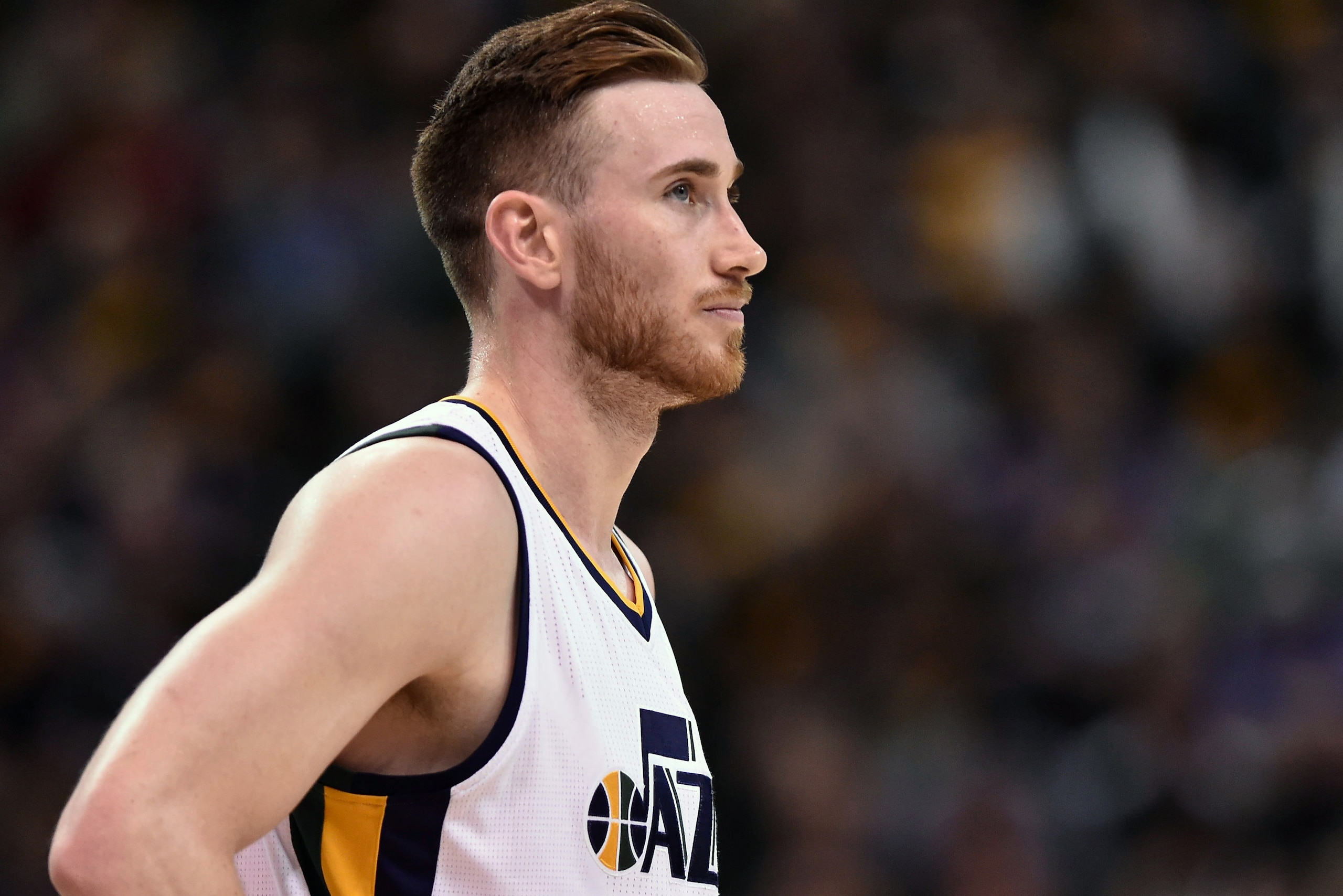 SALT LAKE CITY, UT - MAY 6: Gordon Hayward #20 of the Utah Jazz looks on against the Golden State Warriors in Game Three of the Western Conference Semifinals during the 2017 NBA Playoffs at Vivint Smart Home Arena on May 6, 2017 in Salt Lake City, Utah. N