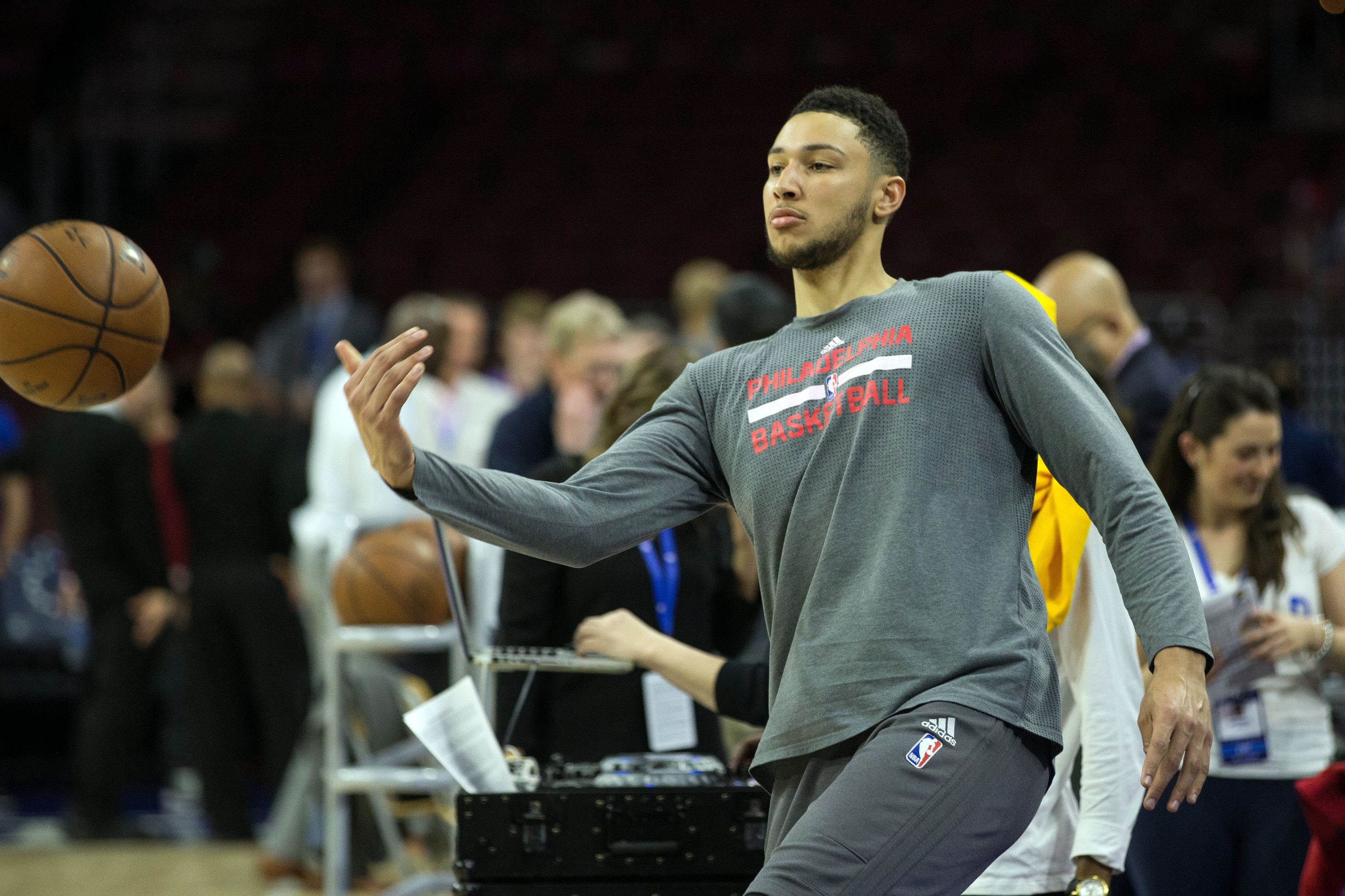 Apr 10, 2017; Philadelphia, PA, USA; Philadelphia 76ers forward Ben Simmons (25) practices before a game against the Indiana Pacers at Wells Fargo Center. Mandatory Credit: Bill Streicher-USA TODAY Sports