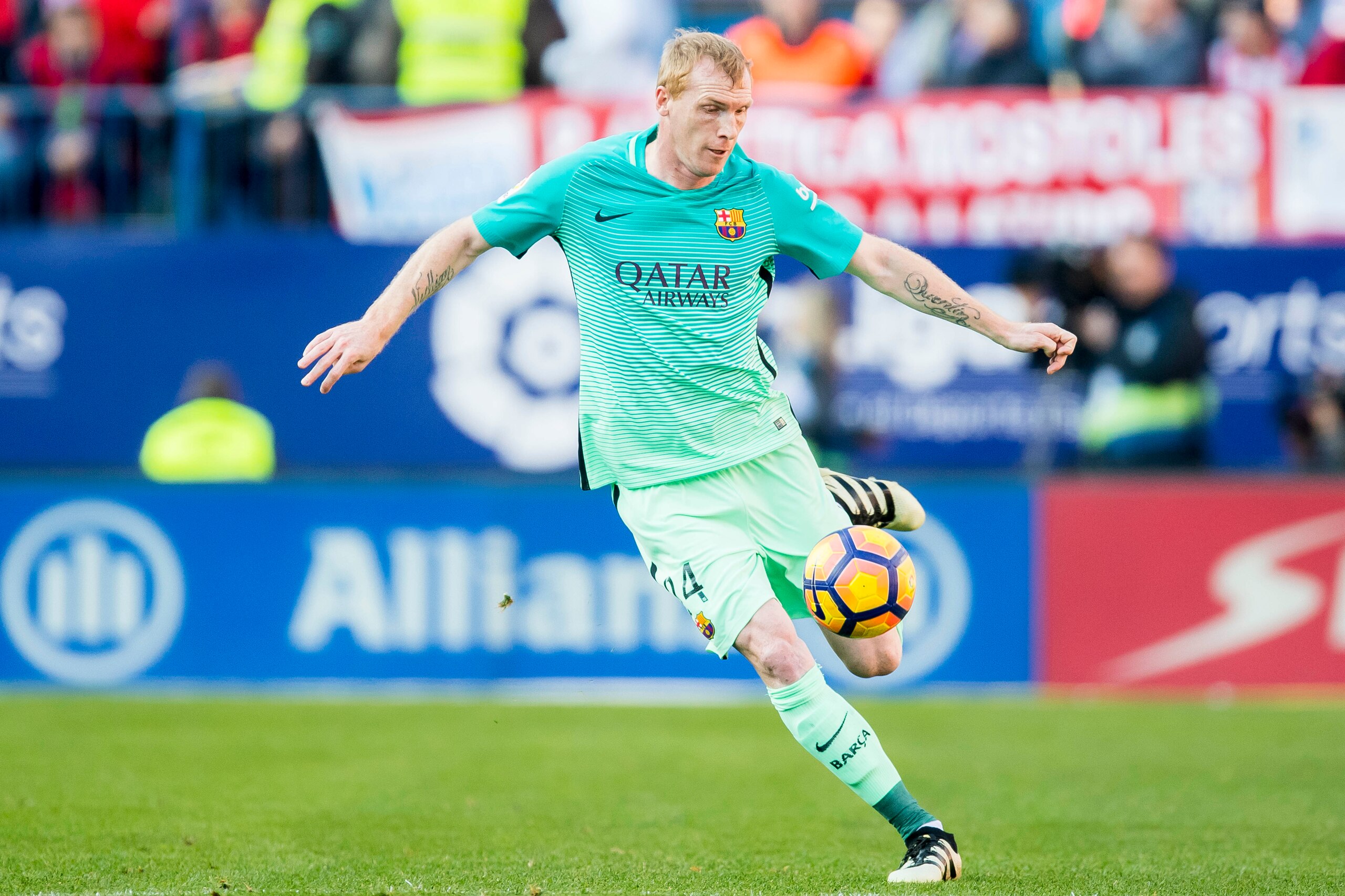 MADRID, SPAIN - FEBRUARY 26: Jeremy Mathieu of FC Barcelona in action during their La Liga match between Atletico de Madrid and FC Barcelona at the Santiago Bernabeu Stadium on 26 February 2017 in Madrid, Spain. (Photo by Power Sport Images/Getty Images)