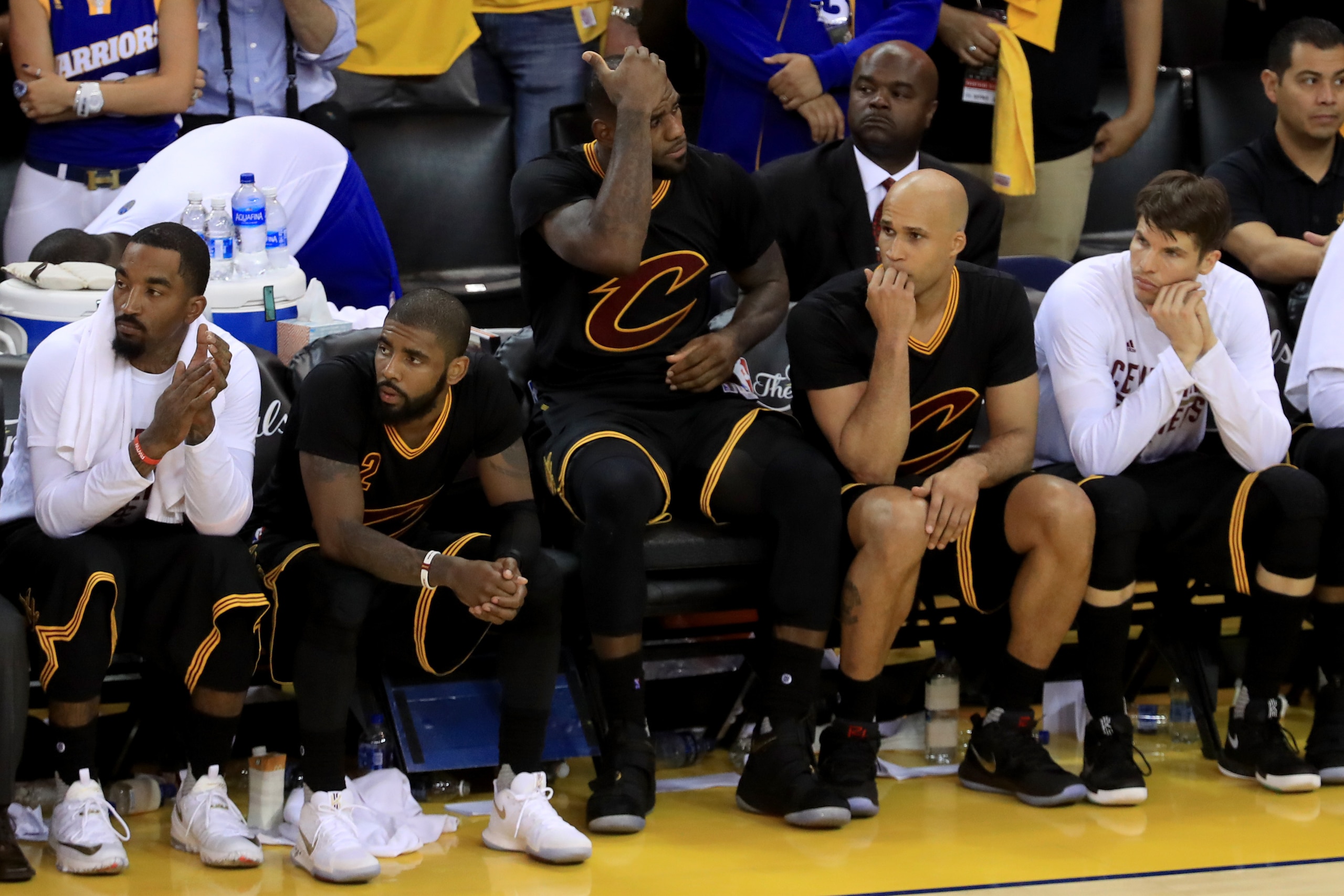 OAKLAND, CA - JUNE 04:  LeBron James #23 of the Cleveland Cavaliers watches the conclusion of the game against the Golden State Warriors from the bench during the second half of Game 2 of the 2017 NBA Finals at ORACLE Arena on June 4, 2017 in Oakland, Cal