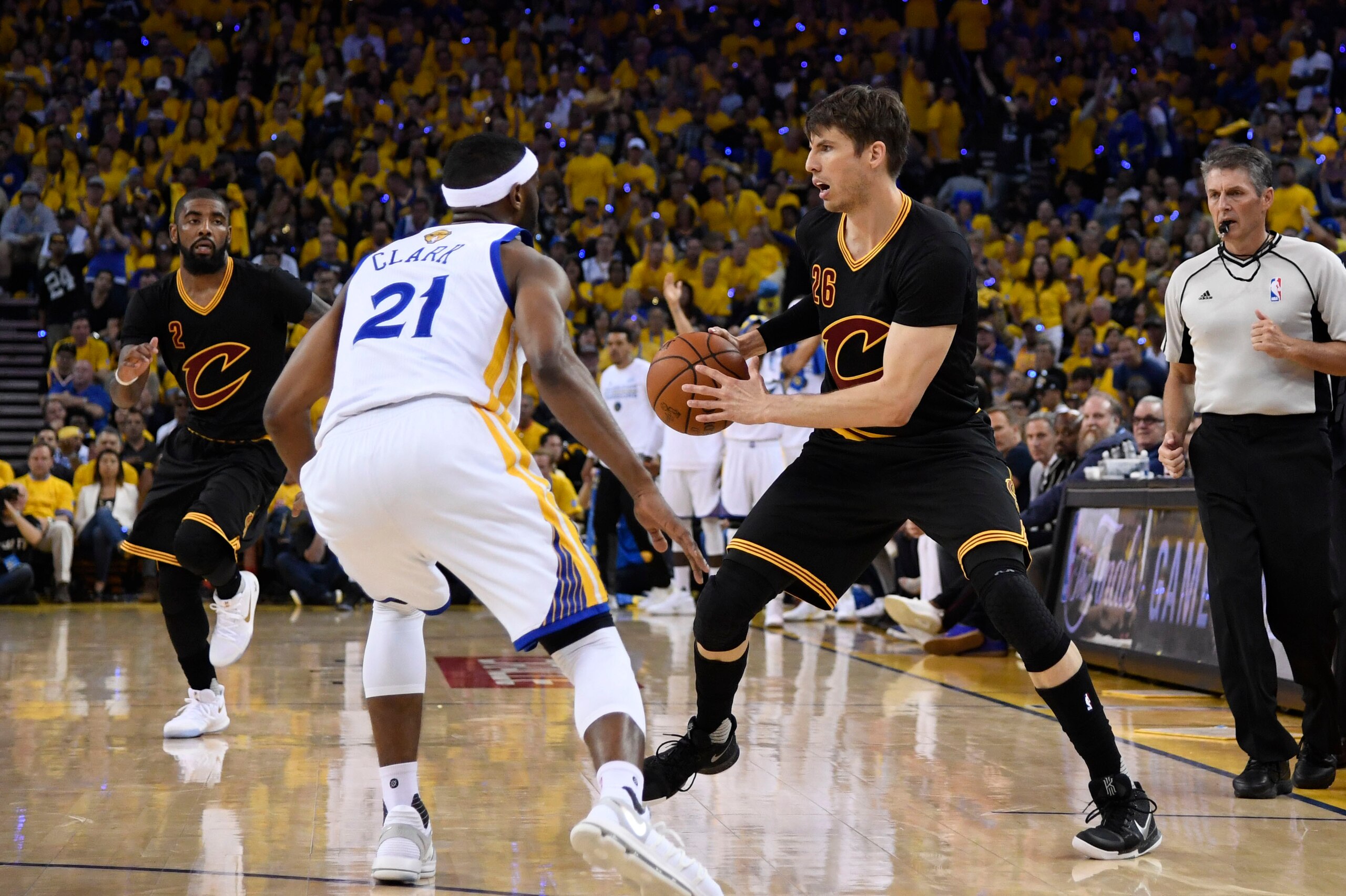 Jun 4, 2017; Oakland, CA, USA; Cleveland Cavaliers guard Kyle Korver (26) is defended by Golden State Warriors guard Ian Clark (21)  during the first half in game two of the 2017 NBA Finals at Oracle Arena. Mandatory Credit: Kyle Terada-USA TODAY Sports