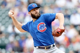 DENVER, CO - MAY 09:  Starting pitcher Jake Arrieta #49 of the Chicago Cubs throws in the third inning against the Colorado Rockies at Coors Field on May 9, 2017 in Denver, Colorado.  (Photo by Matthew Stockman/Getty Images)
