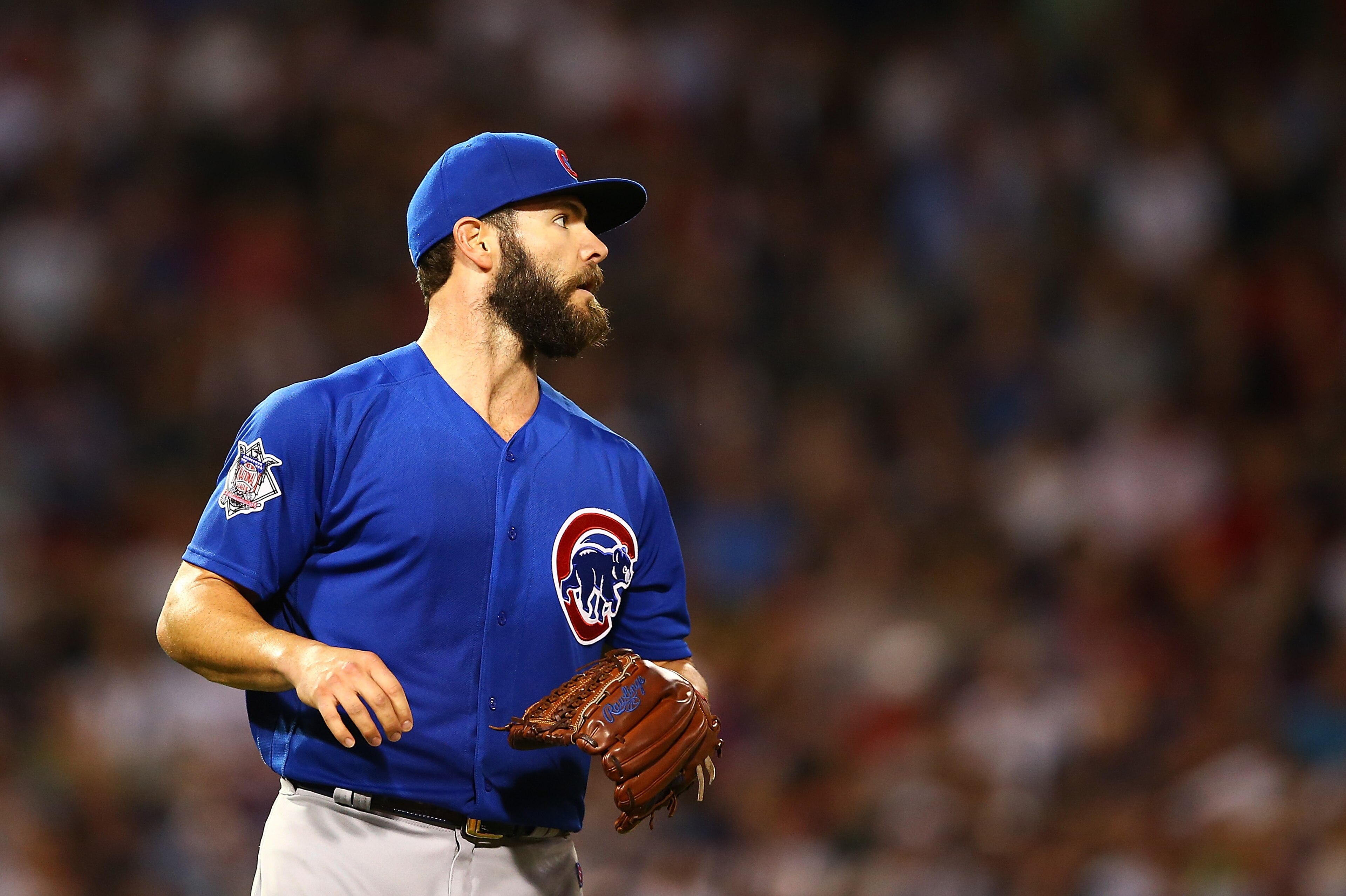 BOSTON, MA - APRIL 28:  Jake Arrieta #49 of the Chicago Cubs looks on during a game against the Boston Red Sox at Fenway Park on April 28, 2017 in Boston, Massachusetts.  (Photo by Adam Glanzman/Getty Images)