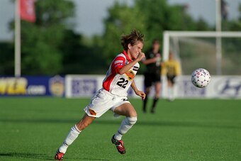 17 Jun 2001:  Mandy Clemens #22 of the Philadelphia Charge runs with the ball during the WUSA game against the New York Power at Mitchell Field in Uniondale, New York. The Power defeated the Charge 2-1.Mandatory Credit: Rick Stewart  /Allsport