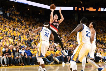OAKLAND, CA - APRIL 16: Pat Connaughton #5 of the Portland Trail Blazers shoots the ball during the game against the Golden State Warriors during the Western Conference Quarterfinals of the 2017 NBA Playoffs on April 16, 2017 at Oracle Arena in Oakland, C