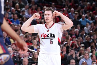 PORTLAND, OR - APRIL 12: Pat Connaughton #5 of the Portland Trail Blazers reacts during the game against the New Orleans Pelicans on April 12, 2017 at the Moda Center in Portland, Oregon. NOTE TO USER: User expressly acknowledges and agrees that, by downl