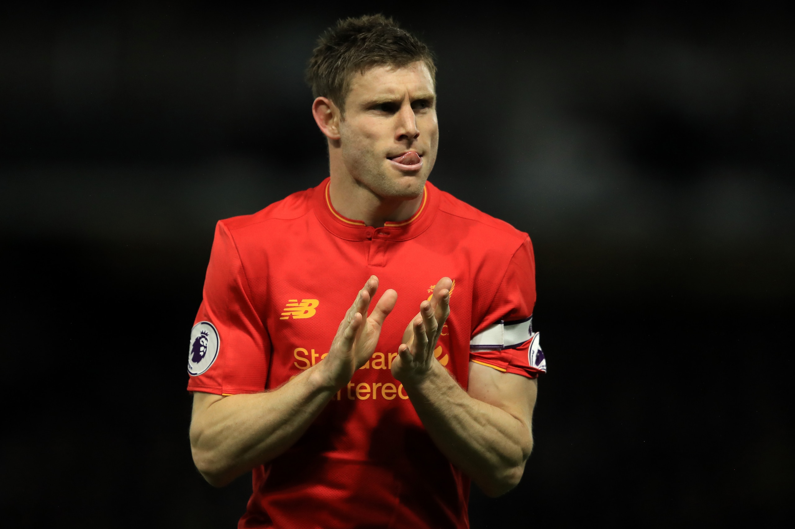 WATFORD, ENGLAND - MAY 01: James Milner of Liverpool in action during the Premier League match between Watford and Liverpool at Vicarage Road on May 01, 2017 in Watford, England. (Photo by Richard Heathcote/Getty Images)