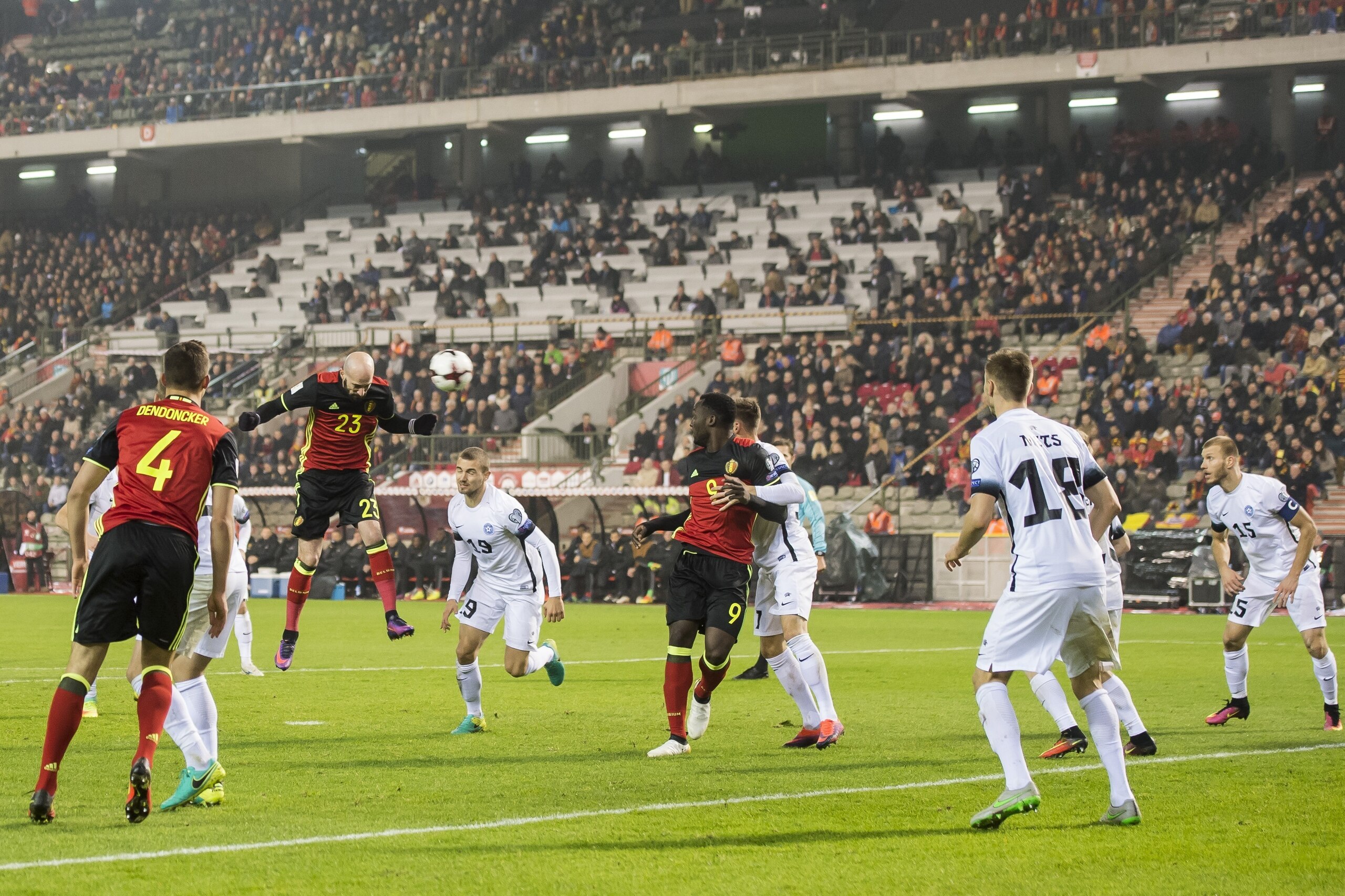 (L-R) Leander Dendoncker of Belgium, Nikita Baranov of Estonia, Laurent Ciman of Belgium, Ken Kallaste of Estonia, Romelu Lukaku of Belgium, ,Siim Luts of Estonia Karol Mets of Estonia, Ragnar Klavan of Estoniaduring the FIFA World Cup 2018 qualifying mat
