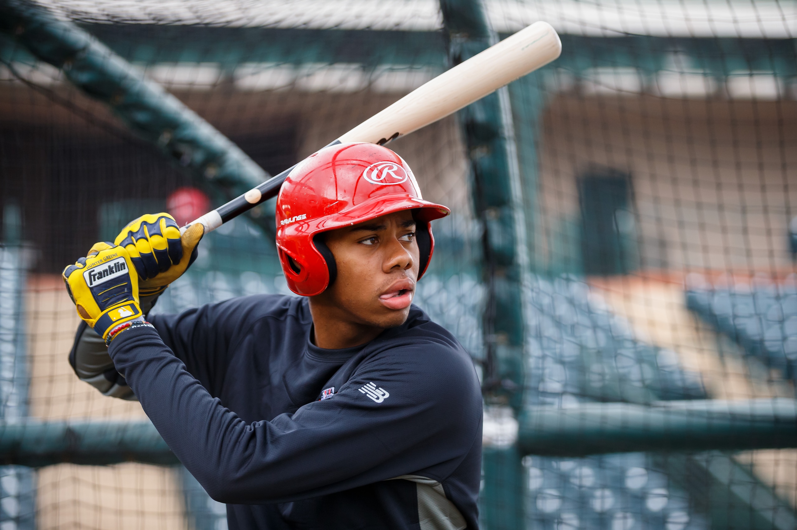 January 14, 2017; Tempe, AZ, USA;  High school pitcher Hunter Greene during the USA Baseball sponsored Dream Series at Tempe Diablo Stadium. Mandatory Credit: Mark J. Rebilas-USA TODAY Sports