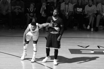OAKLAND, CA - JUNE 4:  Stephen Curry #30 of the Golden State Warriors boxes out Kyrie Irving #2 of the Cleveland Cavaliers in Game Two of the 2017 NBA Finals on June 4, 2017 at Oracle Arena in Oakland, California. NOTE TO USER: User expressly acknowledges